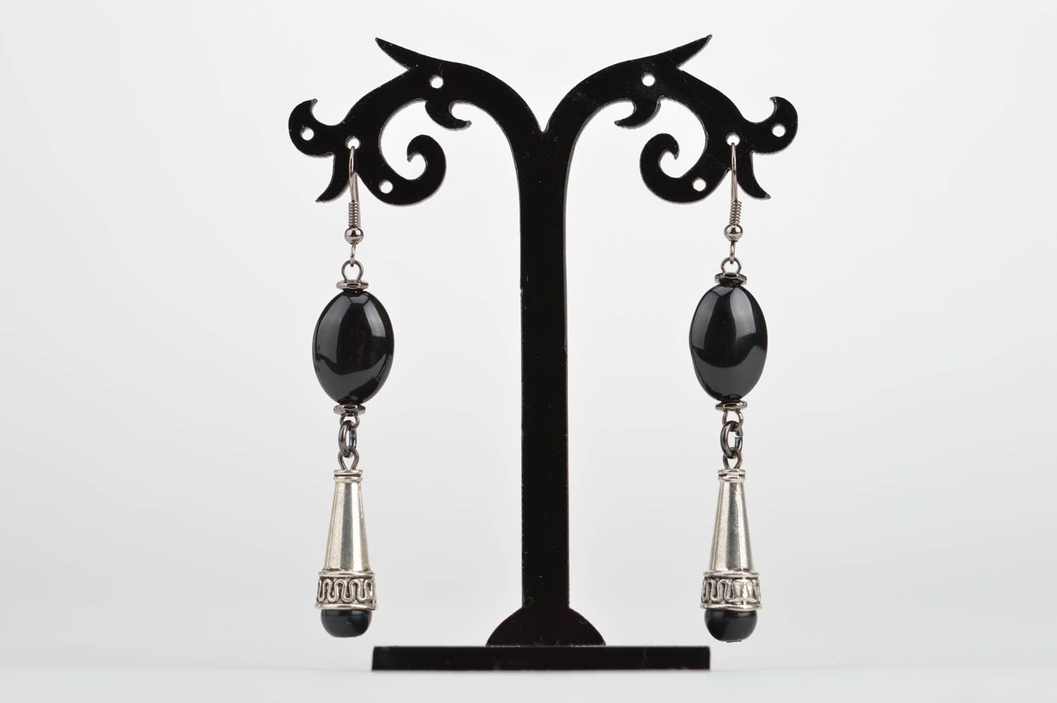 Handmade beautiful stylish long metal earrings with black beads photo 5