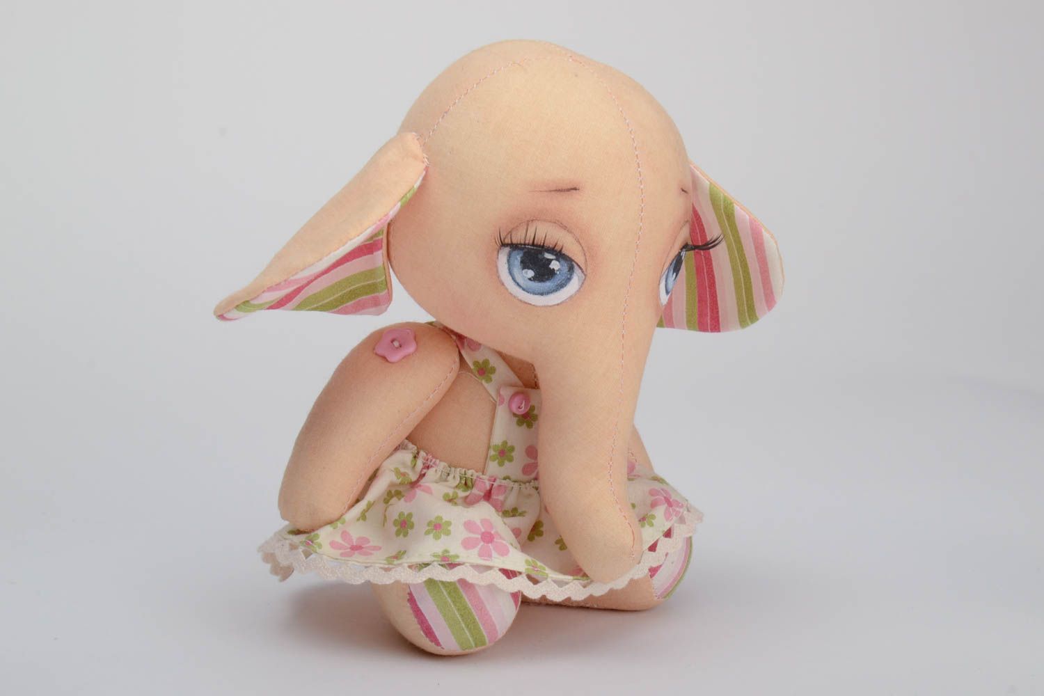Handmade cotton fabric soft toy elephant with big painted eyes in floral dress photo 2