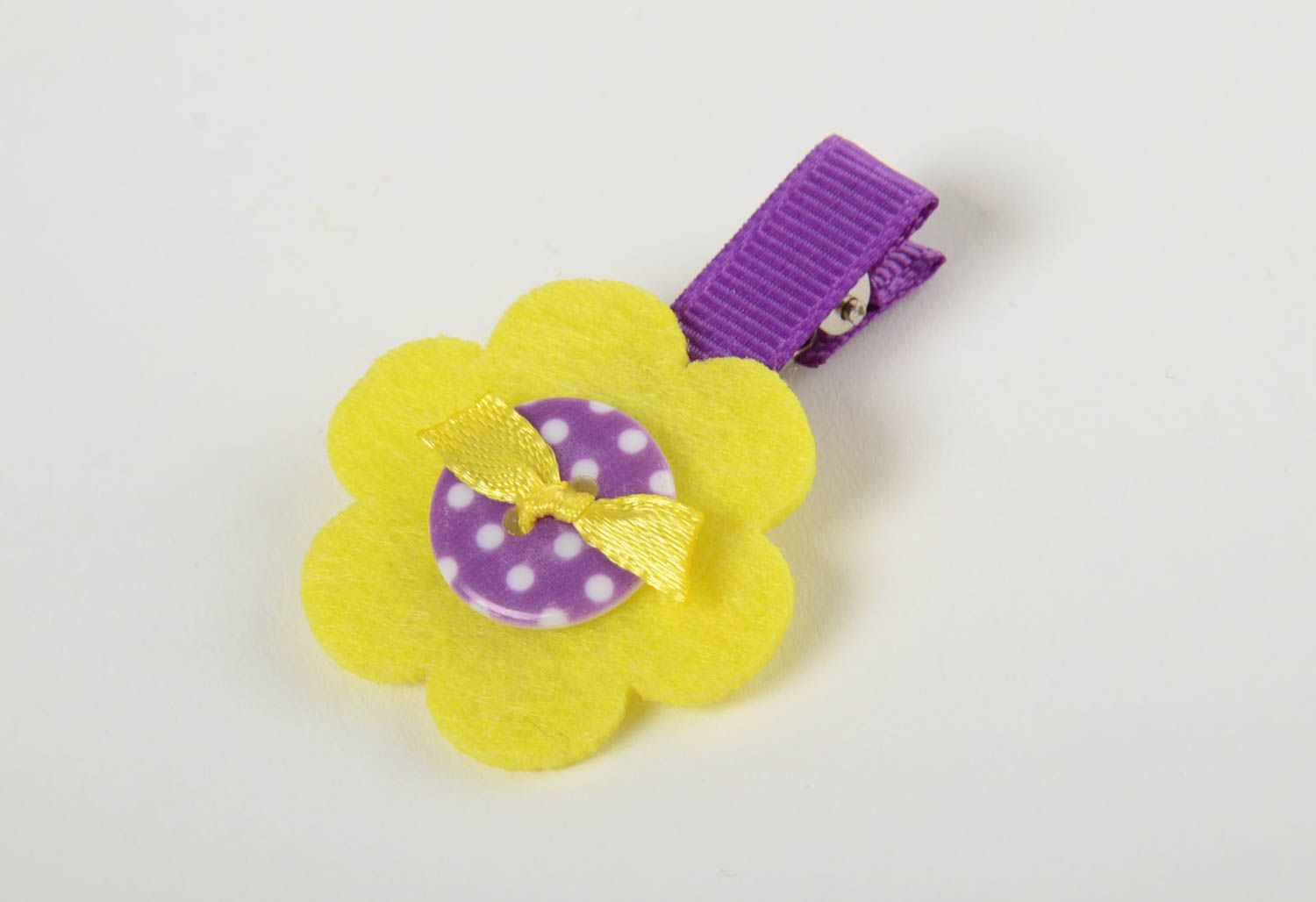 Handgemachte Haarklemme aus Ripsband in Form von Blume für Mädchen lila mit gelb foto 2