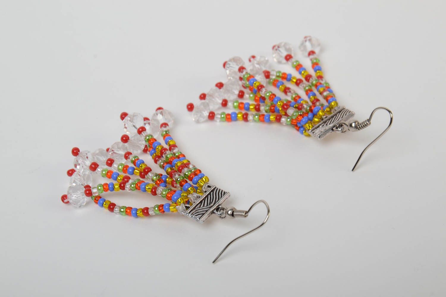 Multicolored handmade designer earrings with fringe woven of Czech beads photo 4