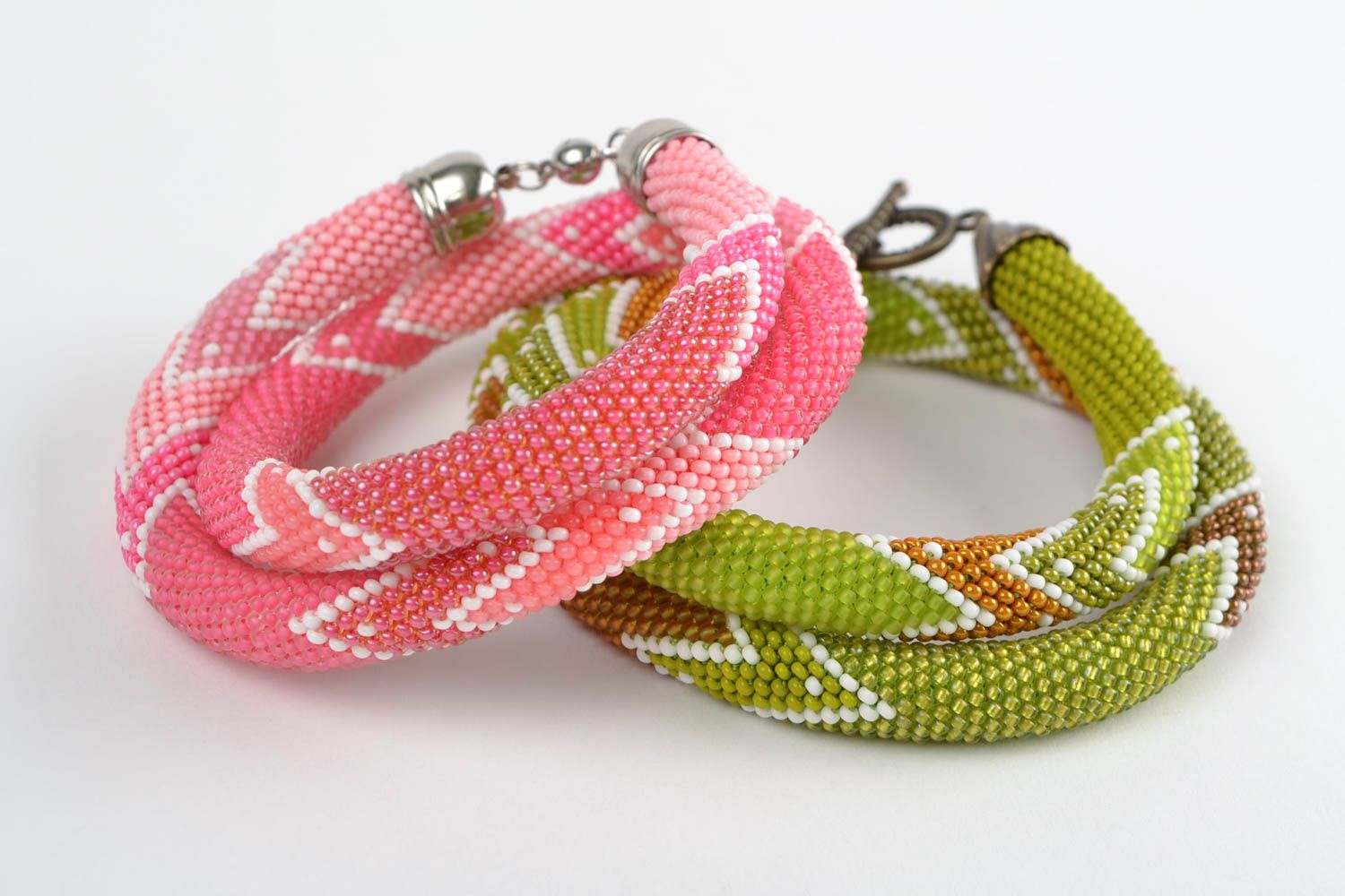 Beautiful handmade designer beaded cord necklaces set 2 pieces pink and green photo 2