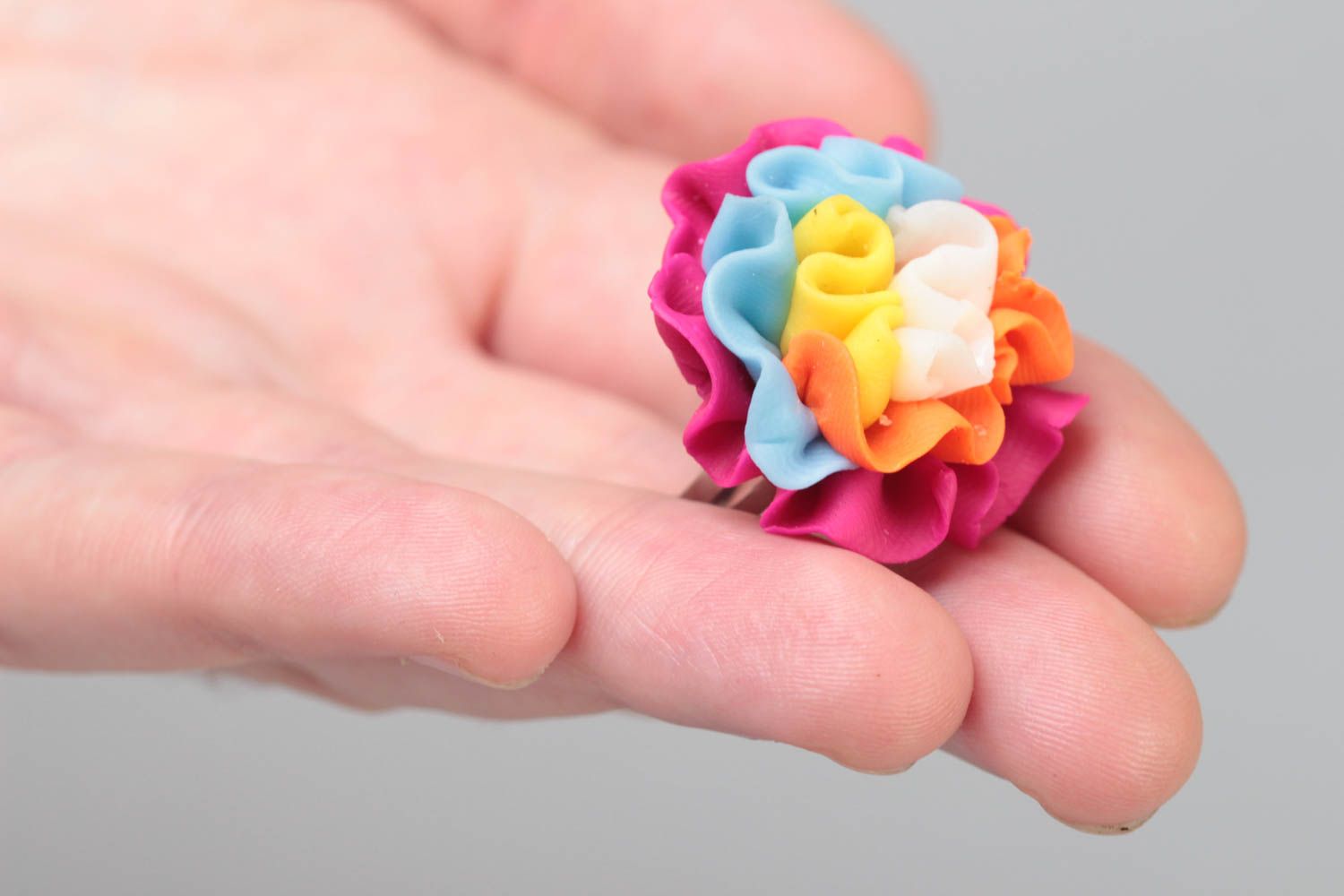 Handmade designer polymer clay jewelry ring with volume flower and metal basis photo 5