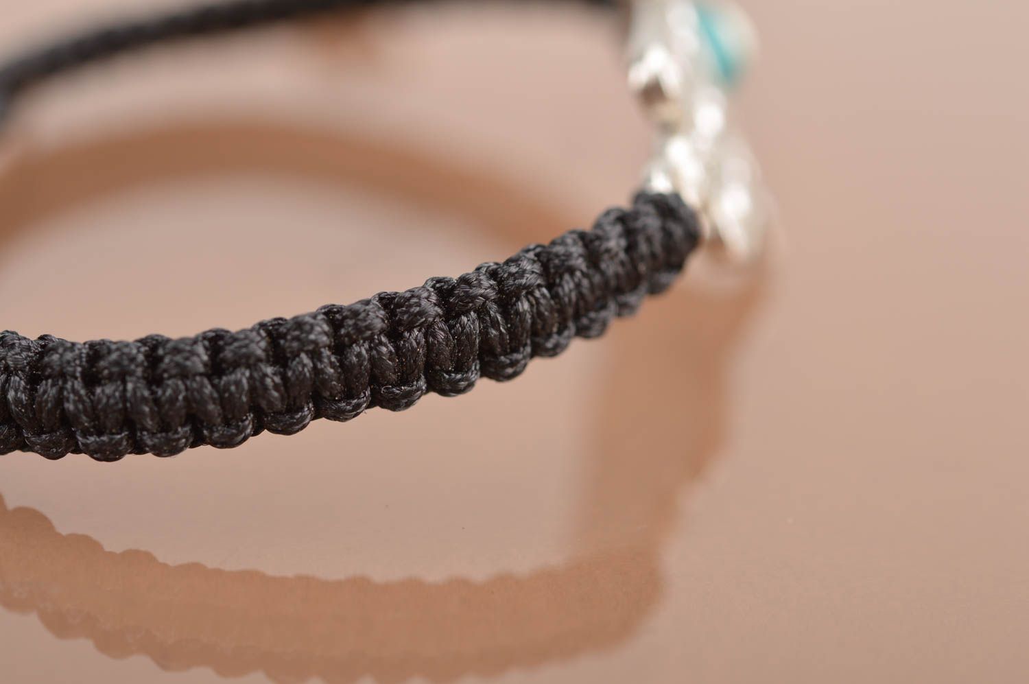 Handmade children's wrist friendship bracelet woven of black silk thread  photo 4