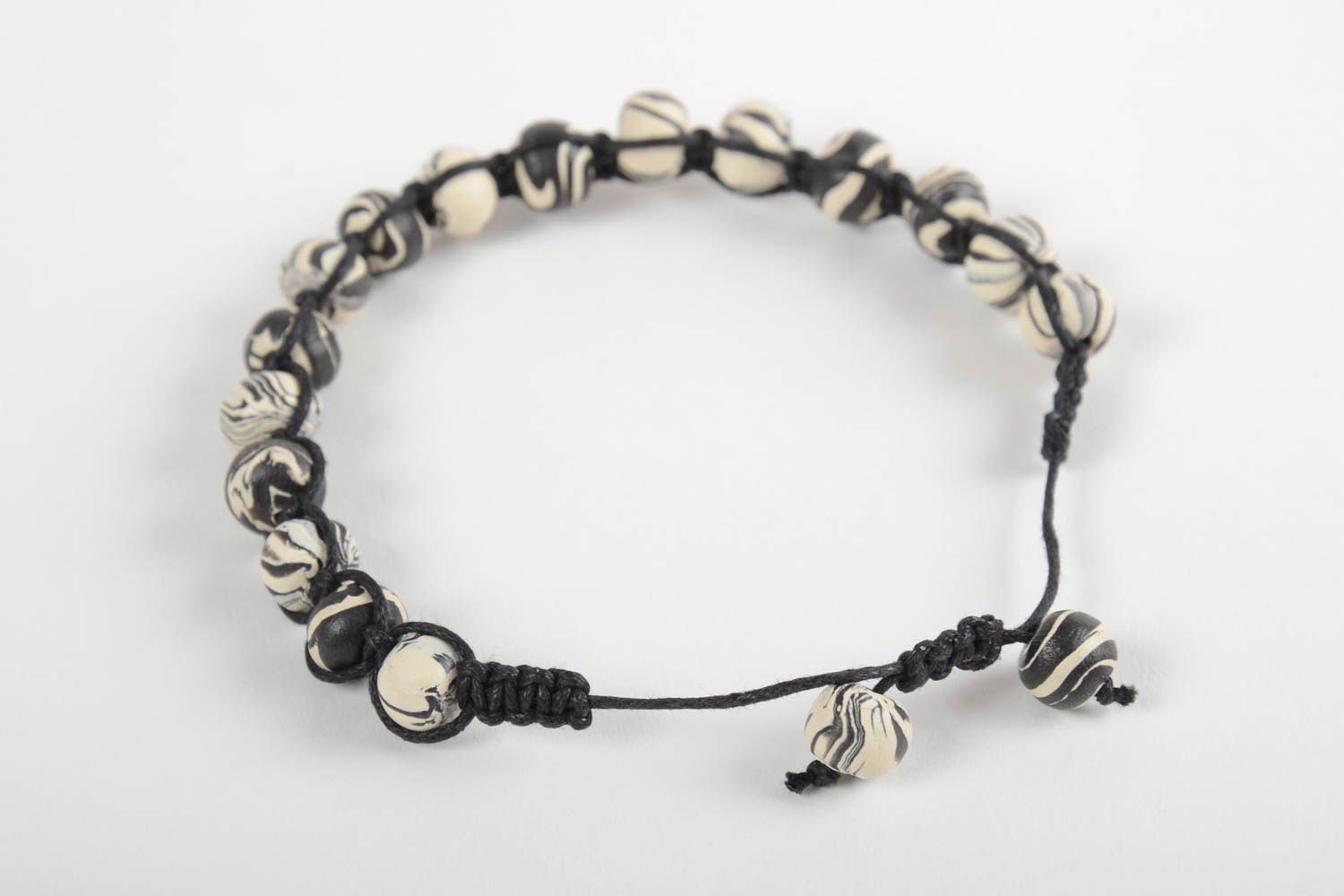 Black and white color beaded bracelet on black cord unisex bracelet photo 3