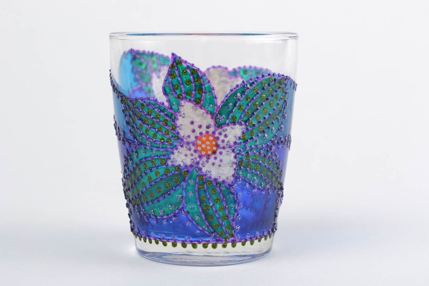 Bemalter Kerzenhalter aus Glas handmade Schmuck für Interieur blau mit Blumen foto 4