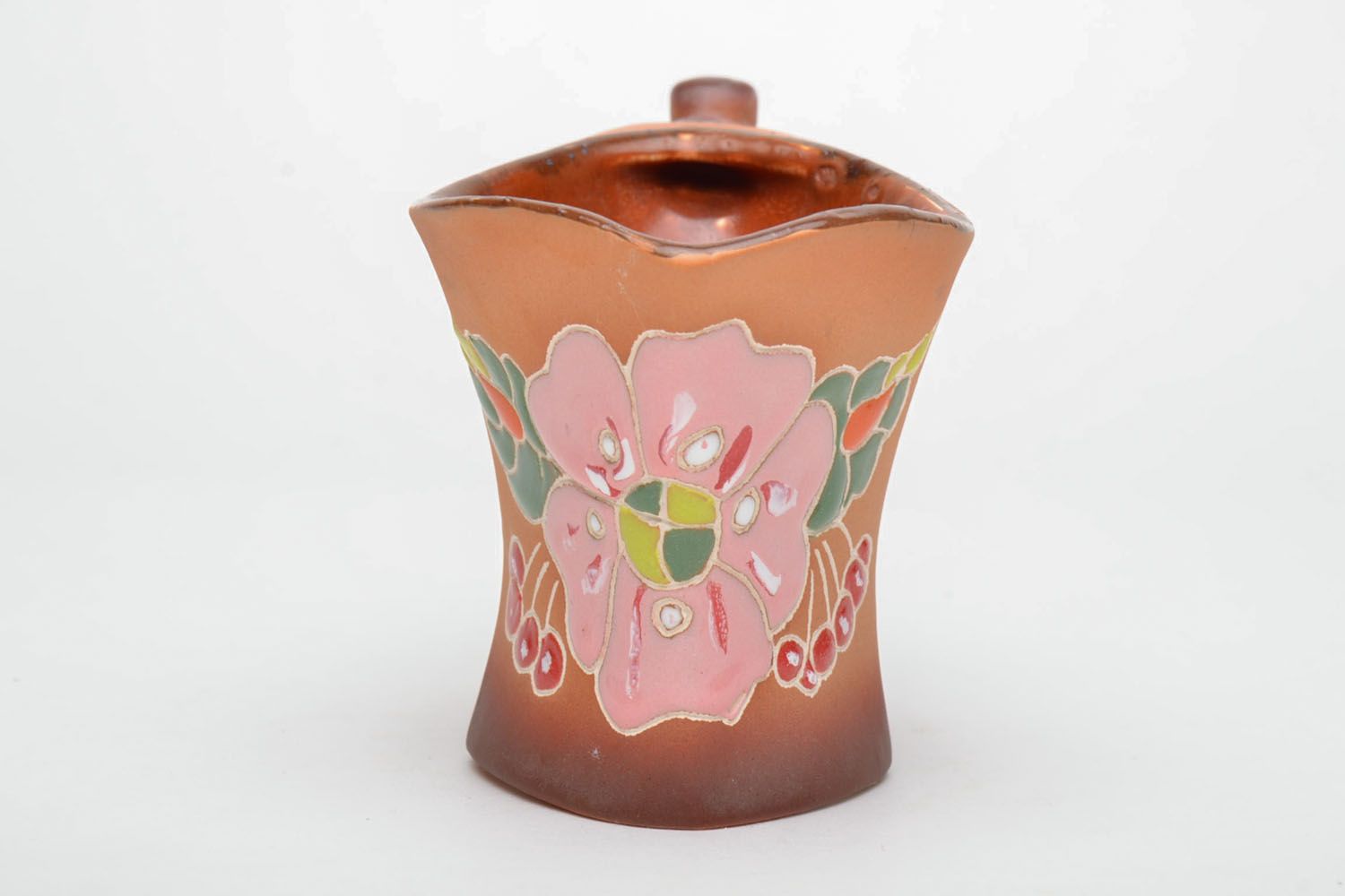 Handmade ceramic square cup with a wide handle and floral pattern with pink flower photo 3