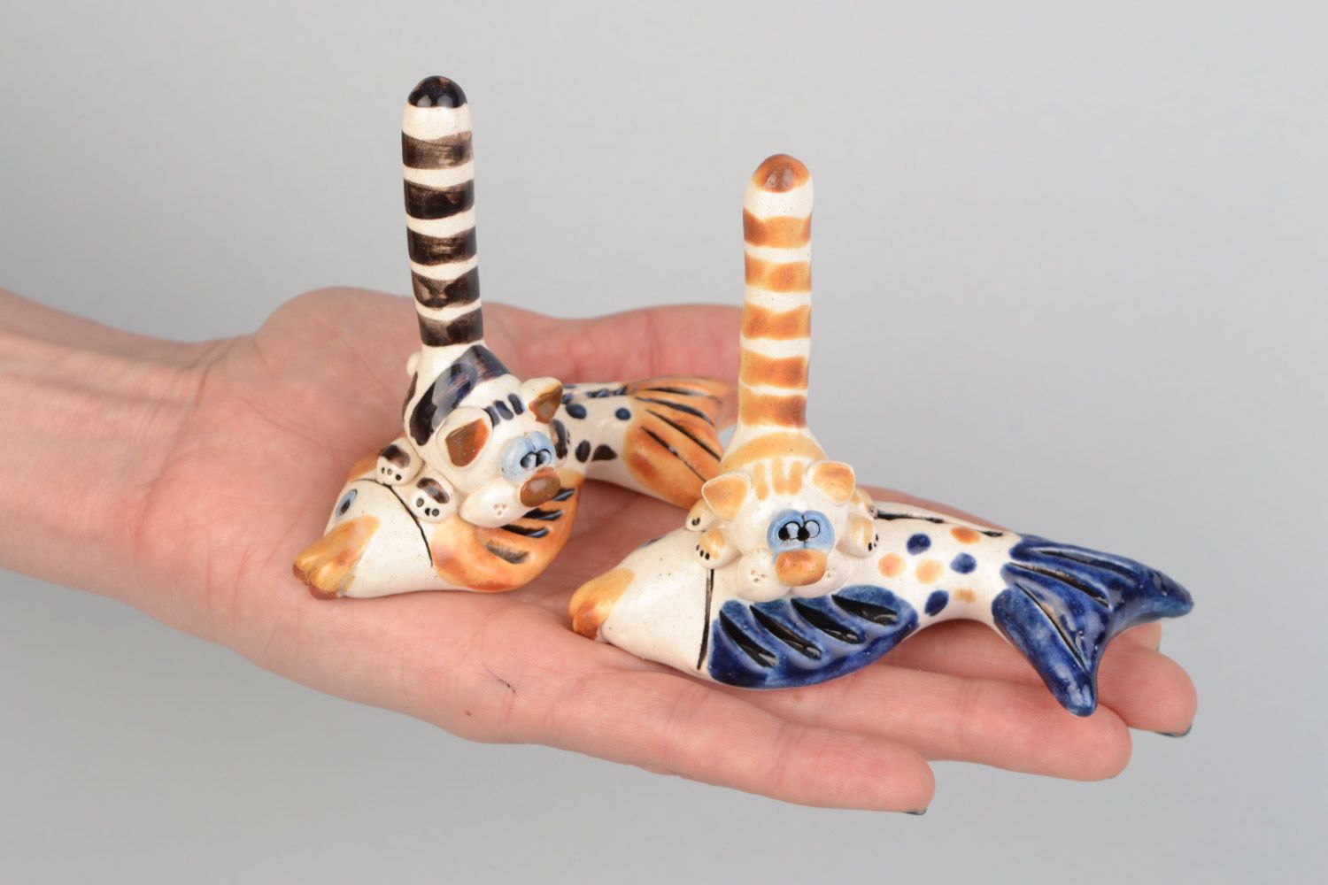 Set of 2 handmade glazed ceramic figurines stands for jewelry rings Cats  photo 2