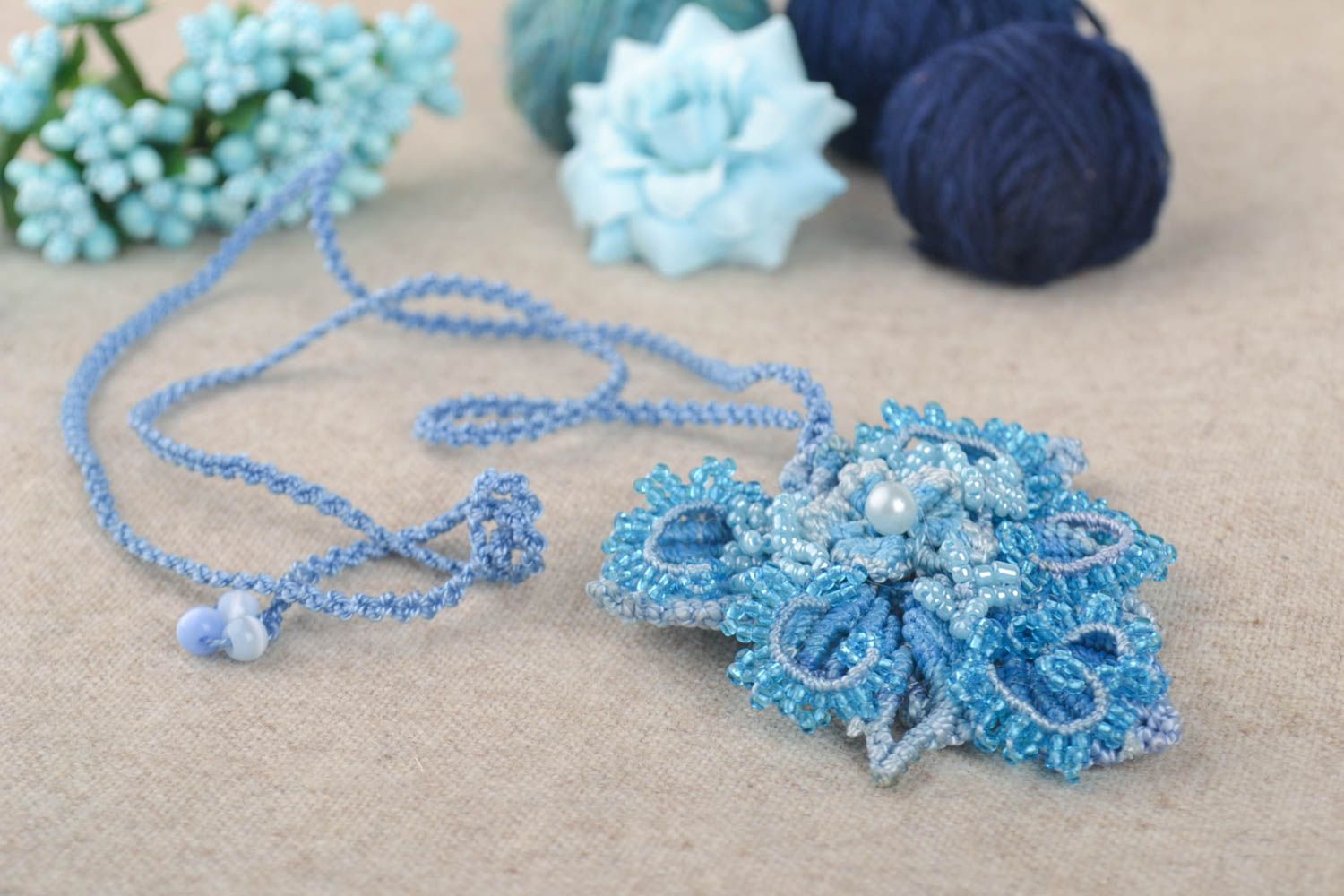 Textile flower pendant unusual handmade accessory stylish blue pendant photo 1