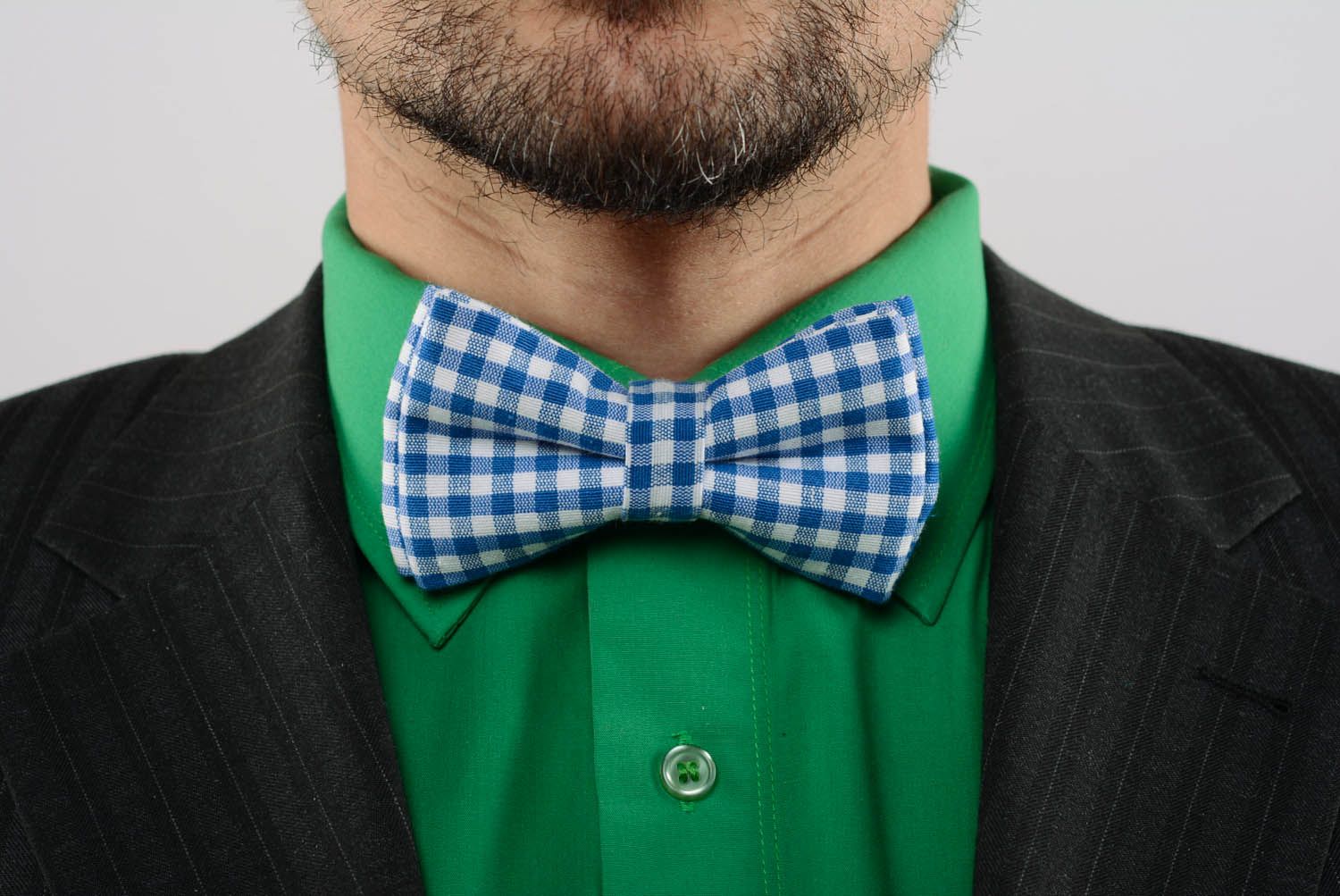 White and blue checkered bow tie photo 1