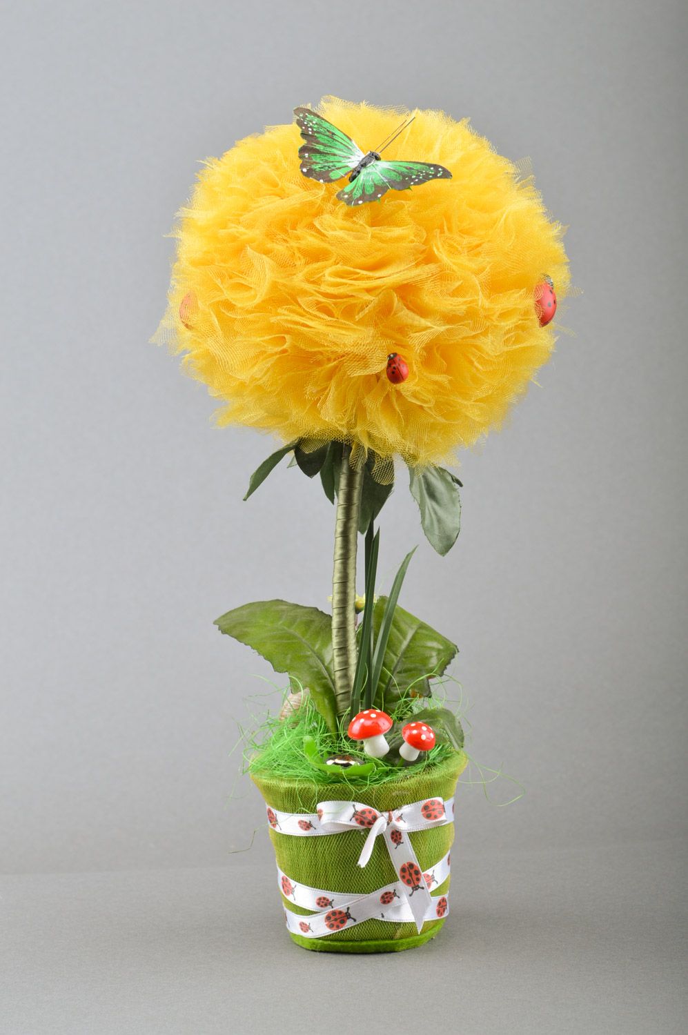 Handmade decorative yellow tulle topiary with ribbons and butterfly in pot photo 2