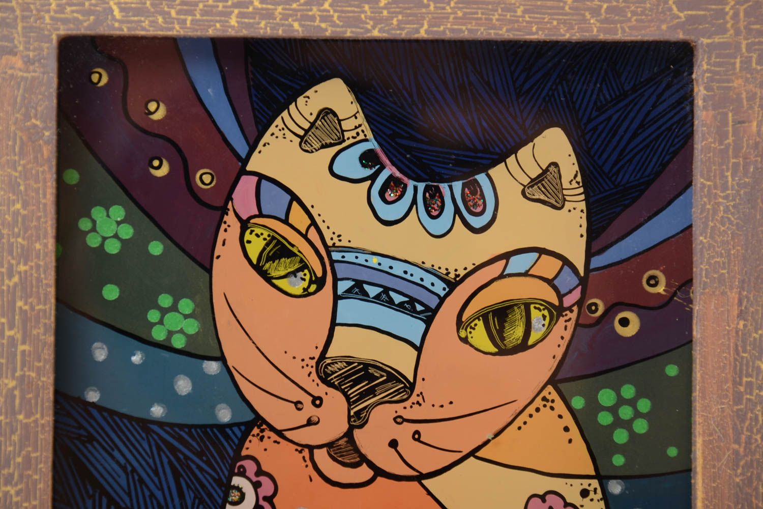 Картина масляными красками в раме цветная красивая с котом небольшая хэнд мейд фото 3