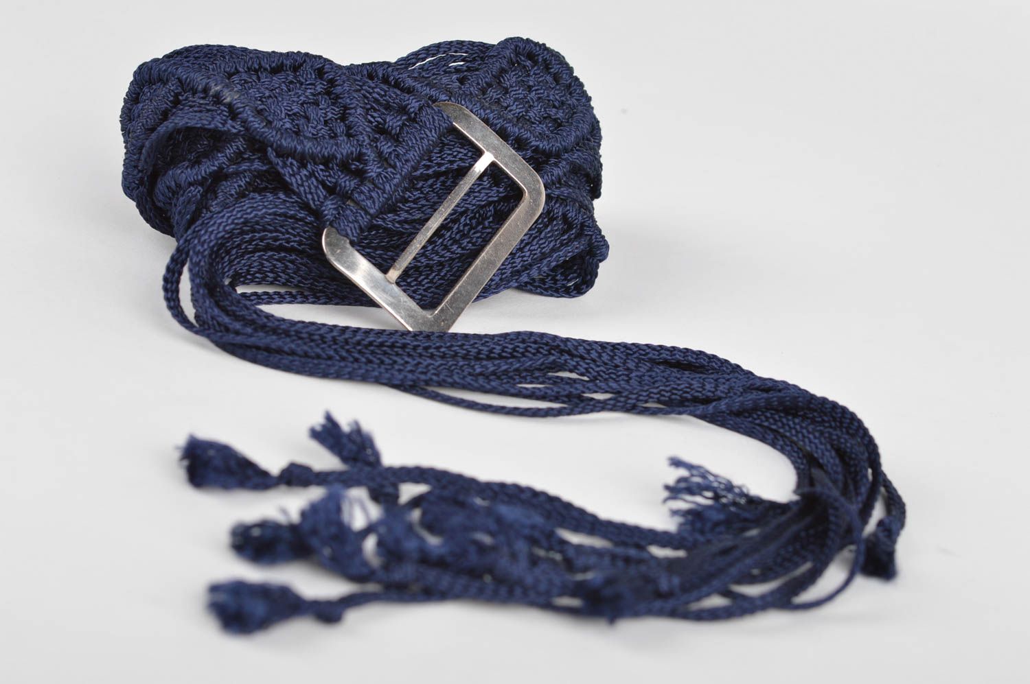 Stylish handmade designer women's blue woven cord belt with metal buckle photo 4