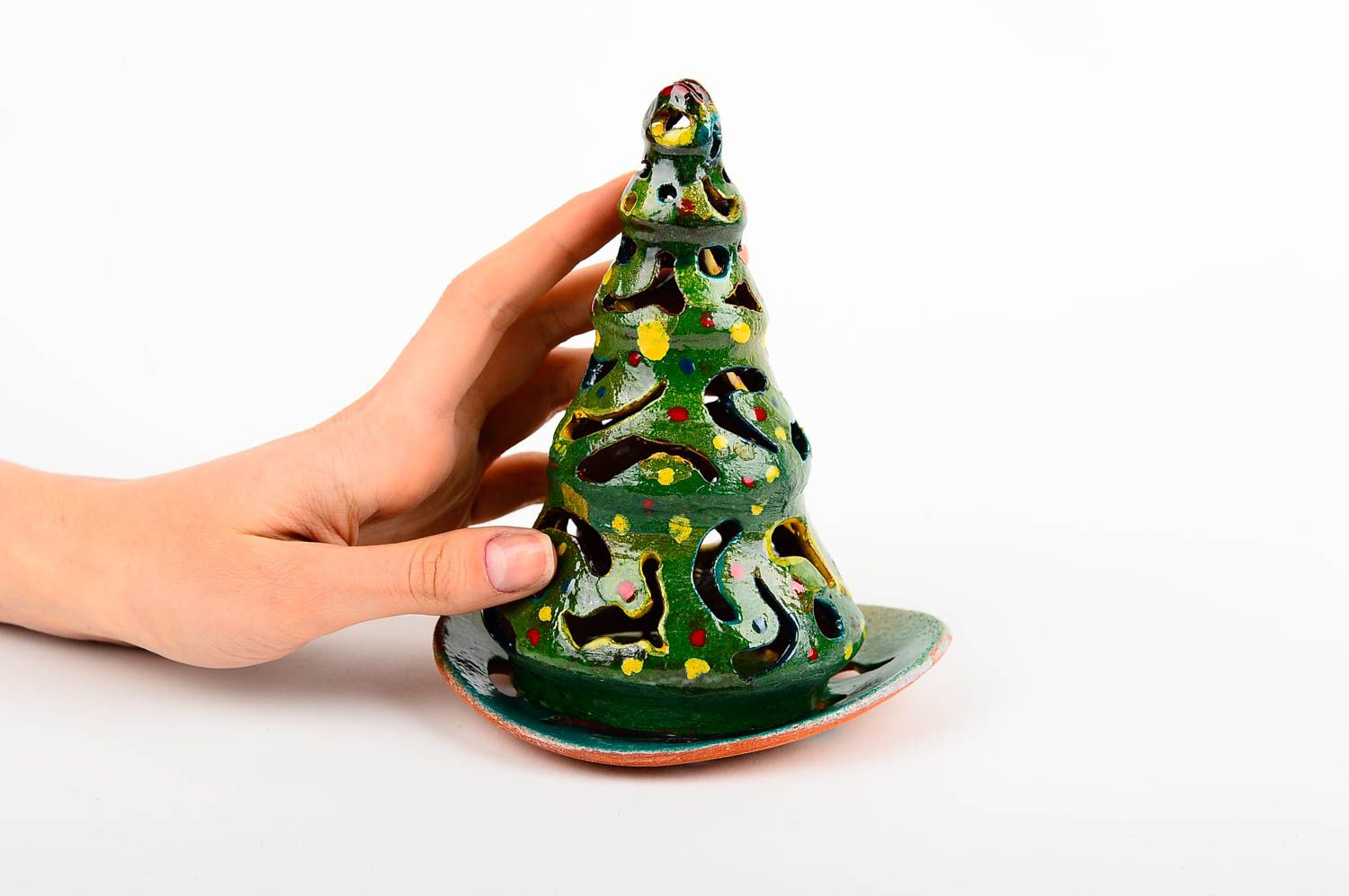 Glow light Christmas tree ceramic tea light candle holder 5,9 inches, 0,37 lb photo 2