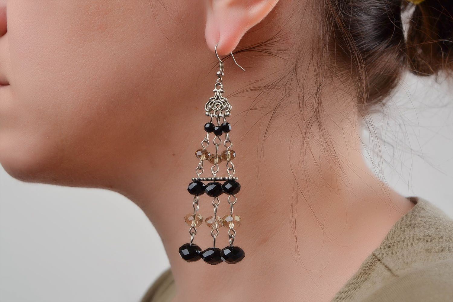 Handmade designer women's long dangling metal earrings with black Czech glass  photo 2