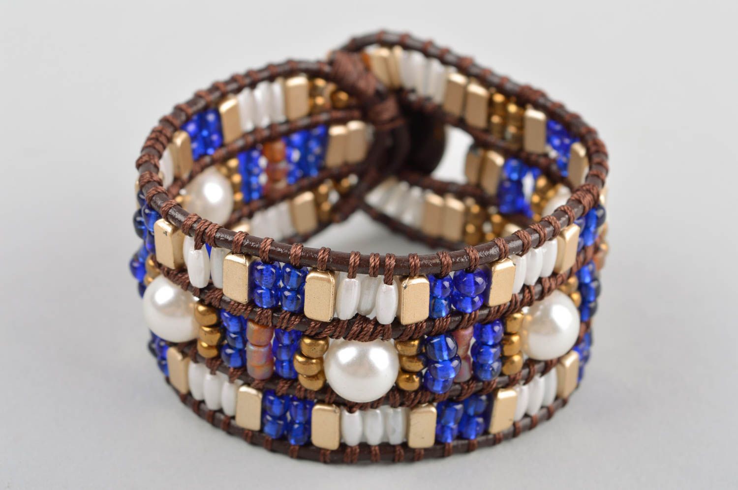 Large Bracelet perles rocaille cuir Bijou fait main bleu Accessoire femme design photo 2