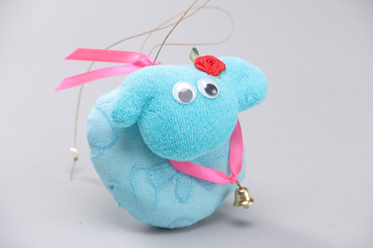 Homemade soft toy sheep of blue color with eyelet for children photo 1
