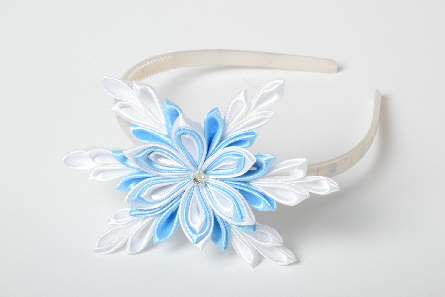 Festive headband with white and blue flower hand made of satin ribbons  photo 1