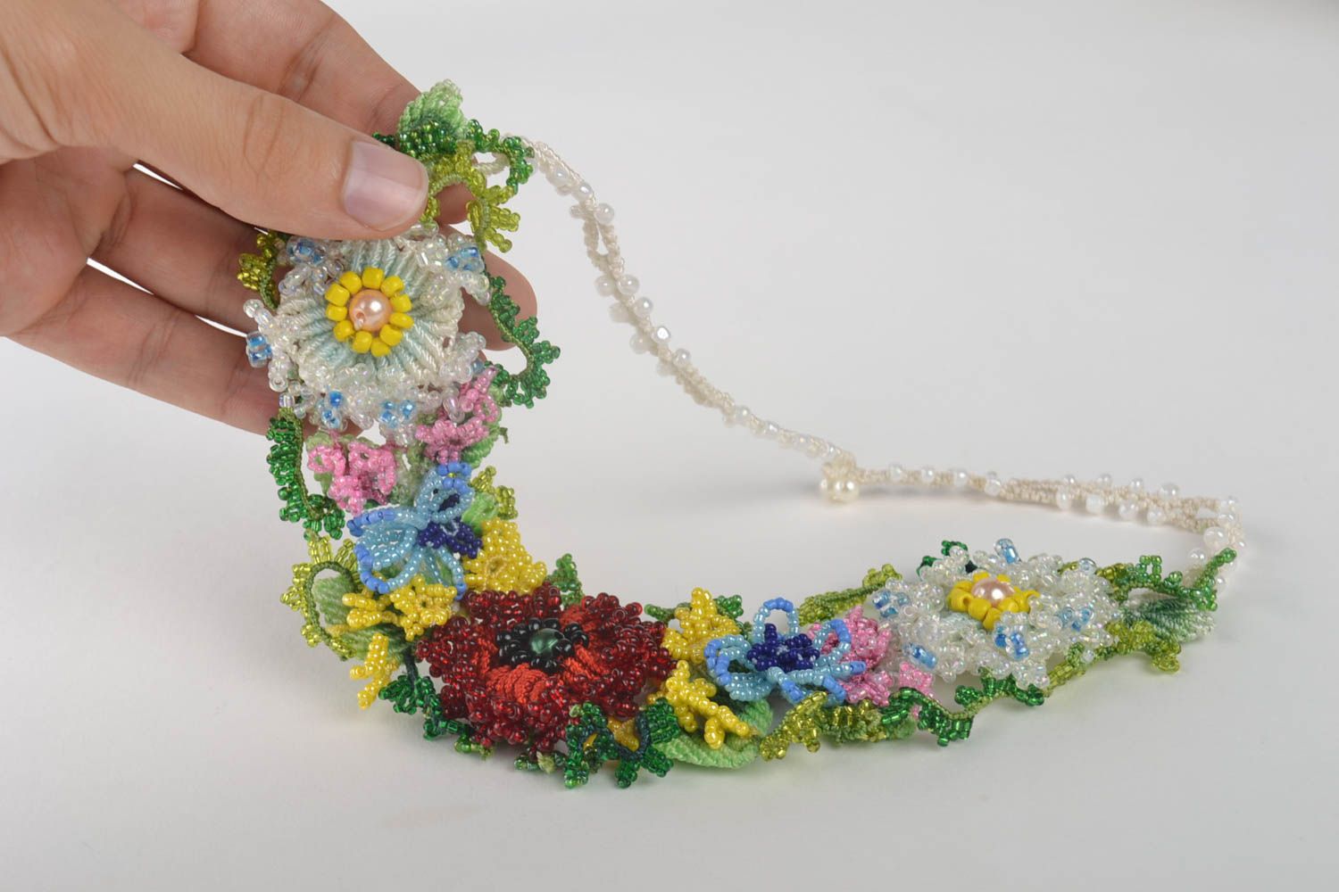 Modeschmuck Collier handmade Damen Halskette Glasperlen Schmuck bunt mit Blumen foto 5