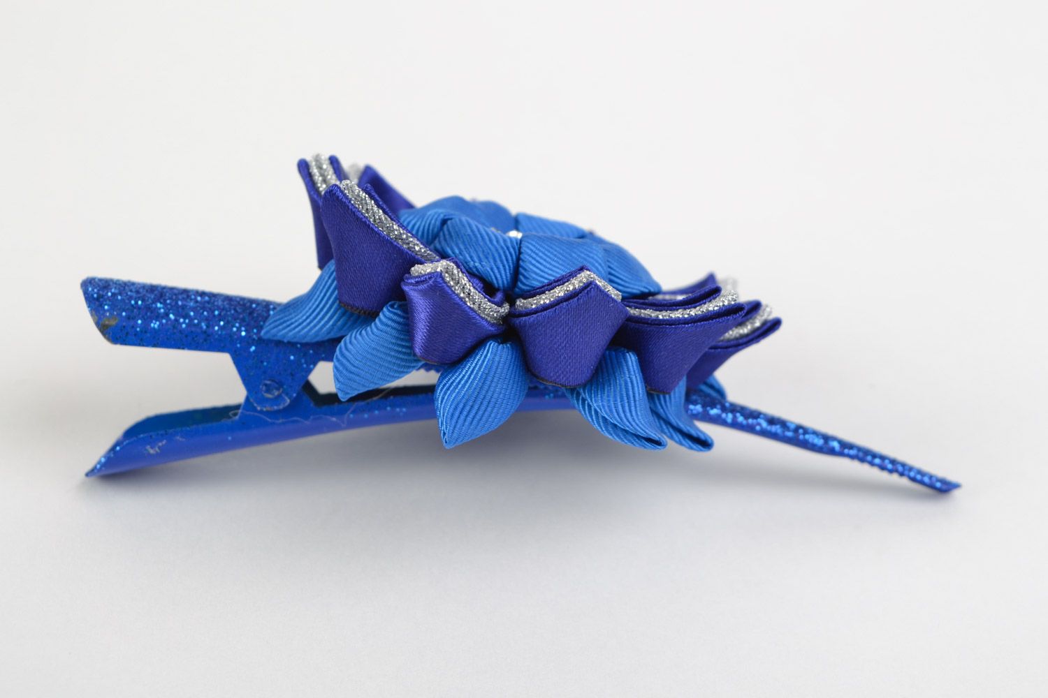 Beautiful blue hair clip hand made of satin brocade and rep ribbons photo 5
