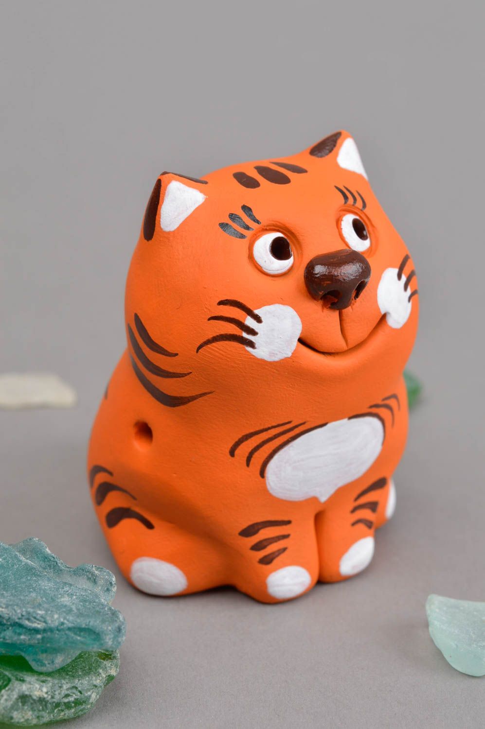 Sifflet jouet fait main Instrument de musique Figurine chat roux en argile photo 1