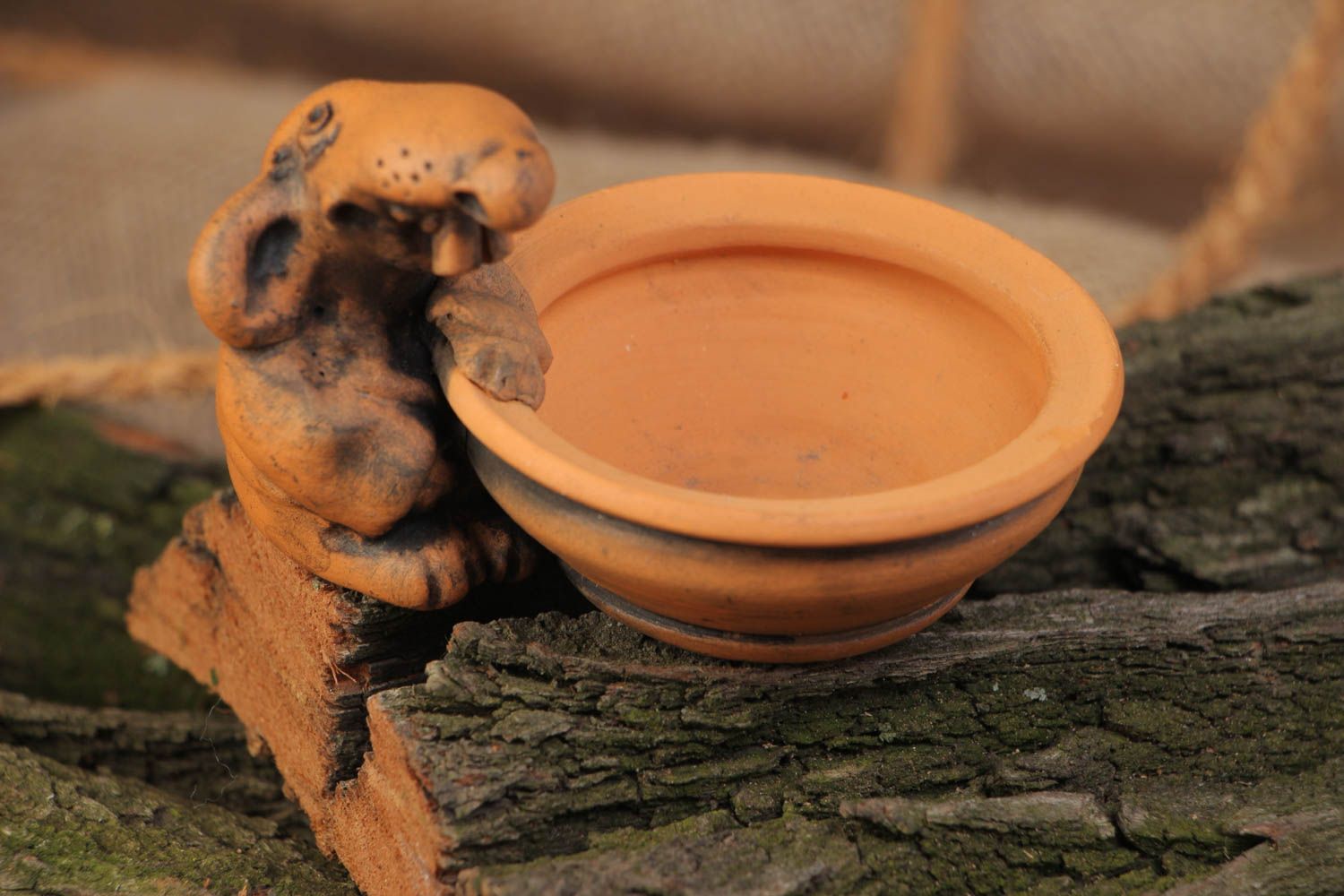 Small light brown decorative ceramic salt cellar with figurine of mouse handmade photo 1