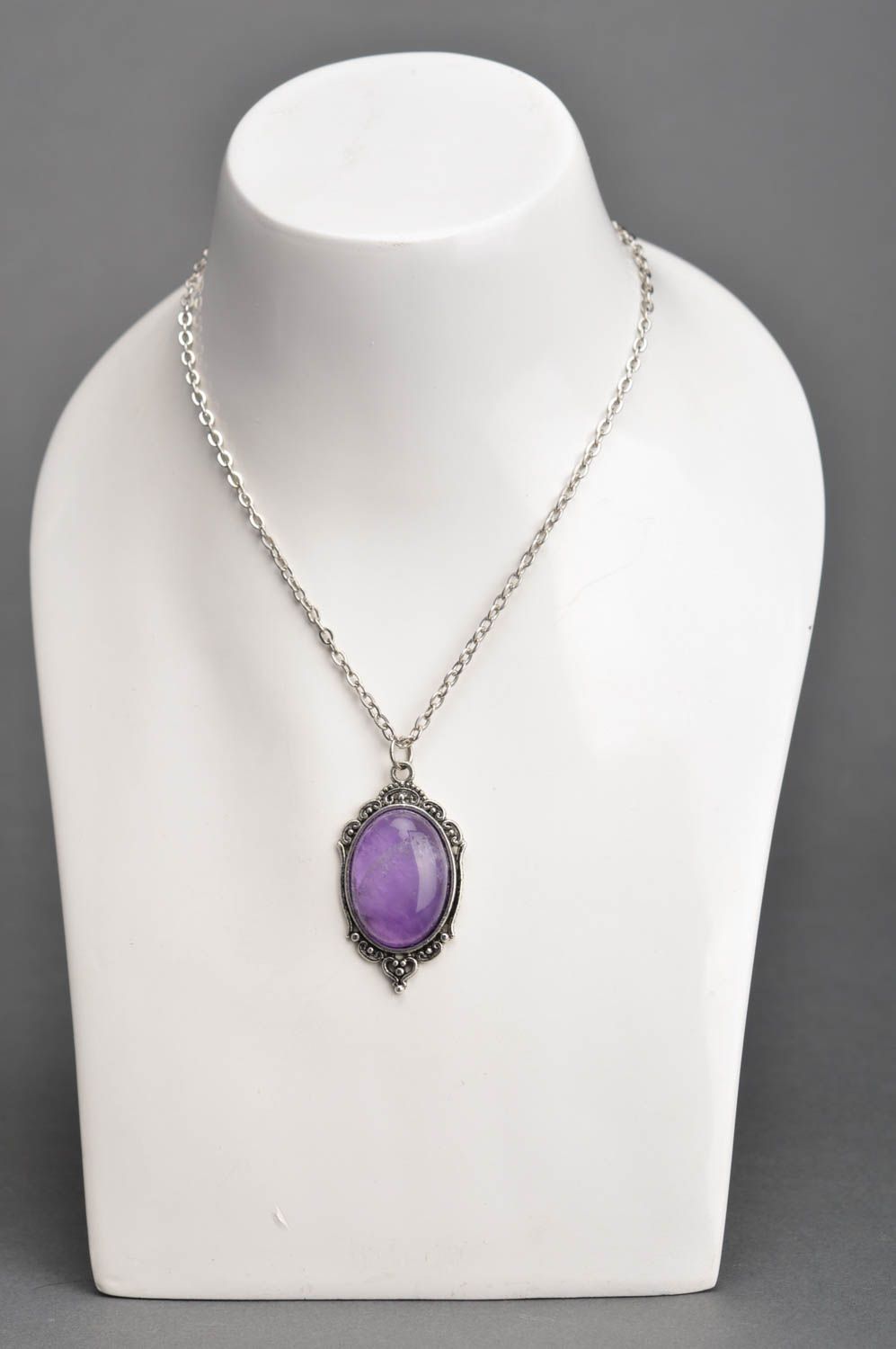 Beautiful women's homemade metal neck pendant with lilac stone and long chain photo 1