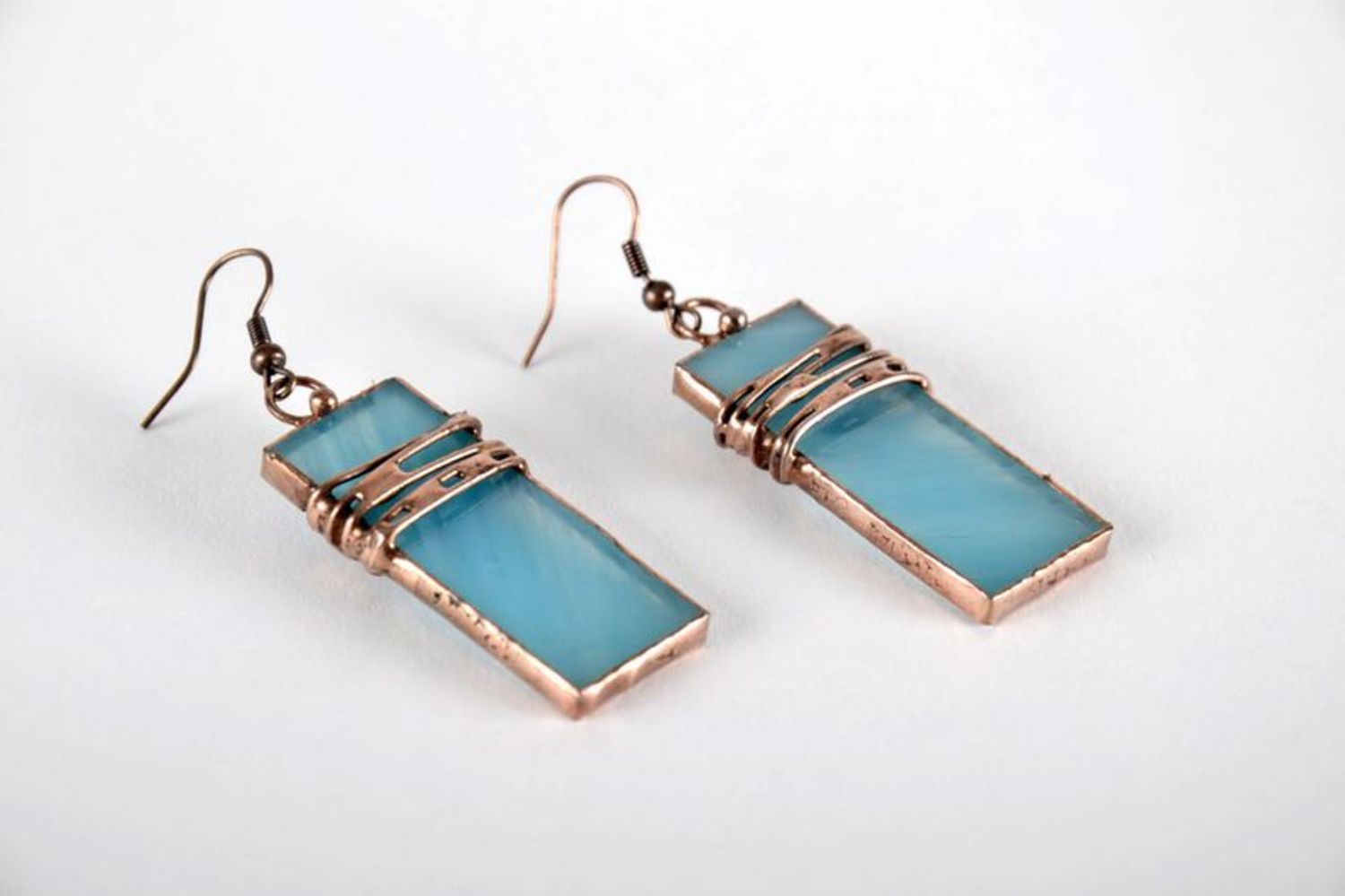 Stained glass long earrings made of copper and glass photo 2