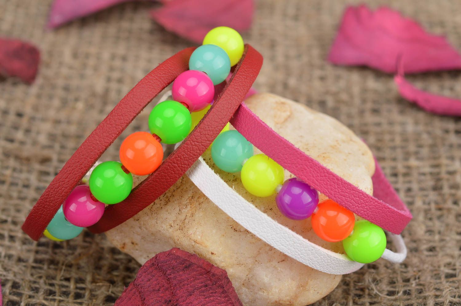 Handmade bright summer pink white leather wrist bracelet with colorful beads  photo 1