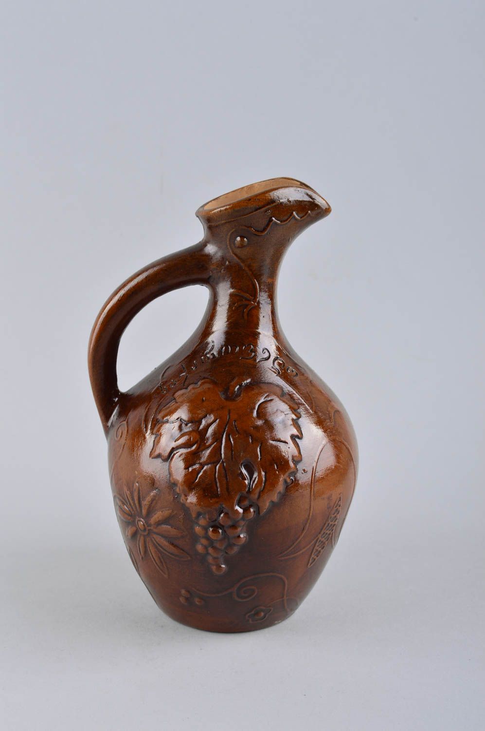 Handmade 30 oz porcelain ceramic 9 inches wine carafe pitcher with molded ornament in brown color 1 lb photo 2