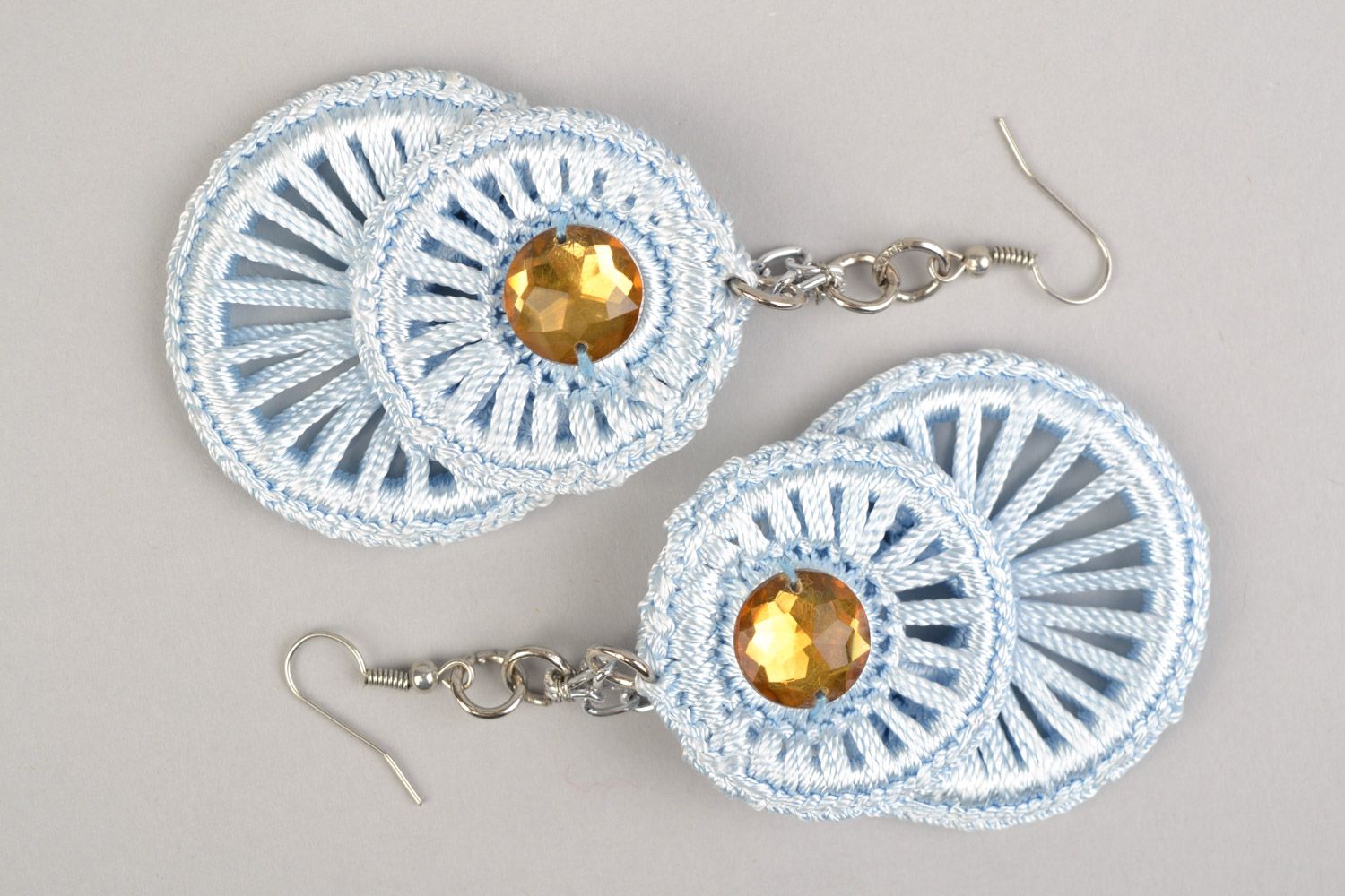 Handmade round earrings made of threads woven manually of bright blue color photo 2