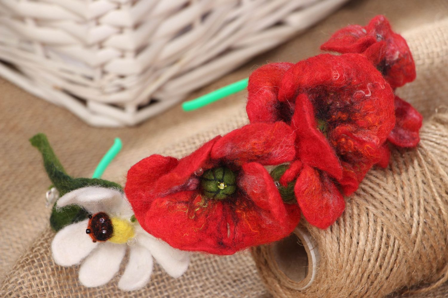 Wool felted headband with poppies and camomiles photo 5