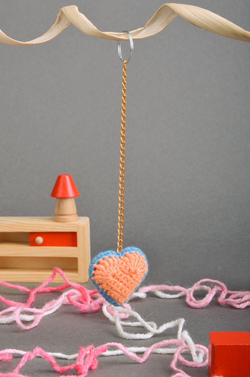Handmade cute heart-shaped keychain crocheted of semi-woolen peach threads photo 1