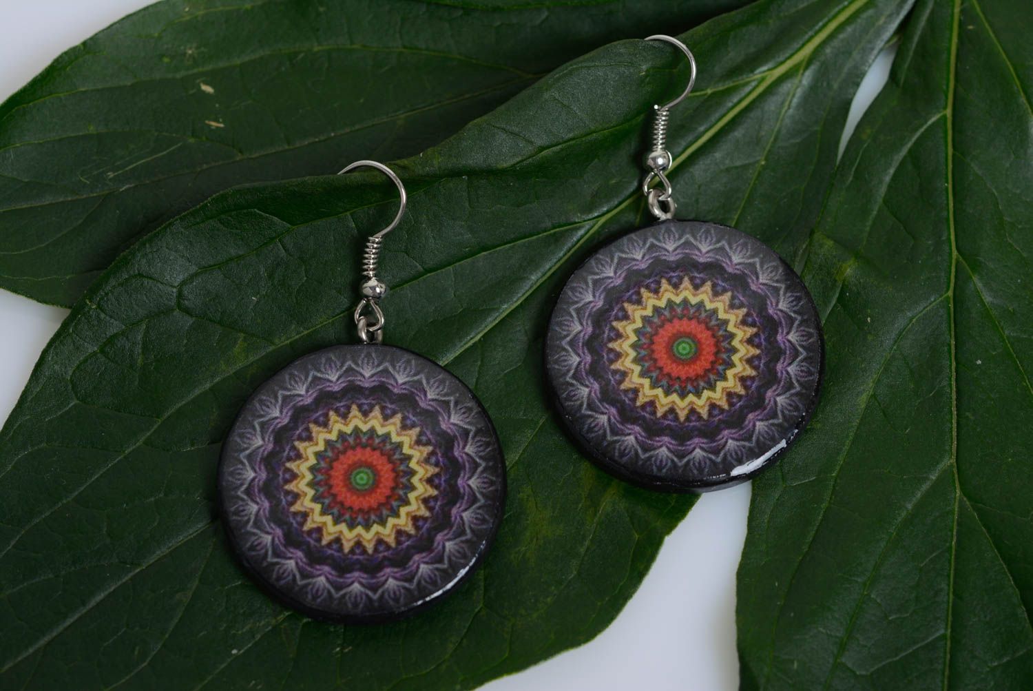 Earrings made of polymer clay with decoupage handmade round purple jewelry photo 3