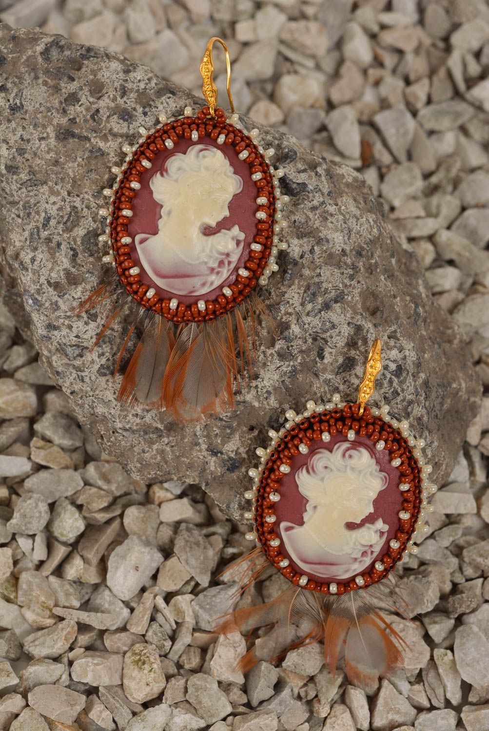 Beautiful handmade women's beaded earrings with cameo photo 1