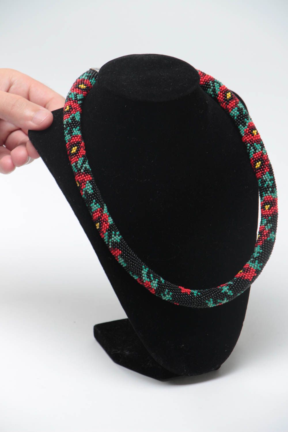 Handmade designer black beaded cord necklace with red poppies ethnic ornament  photo 5