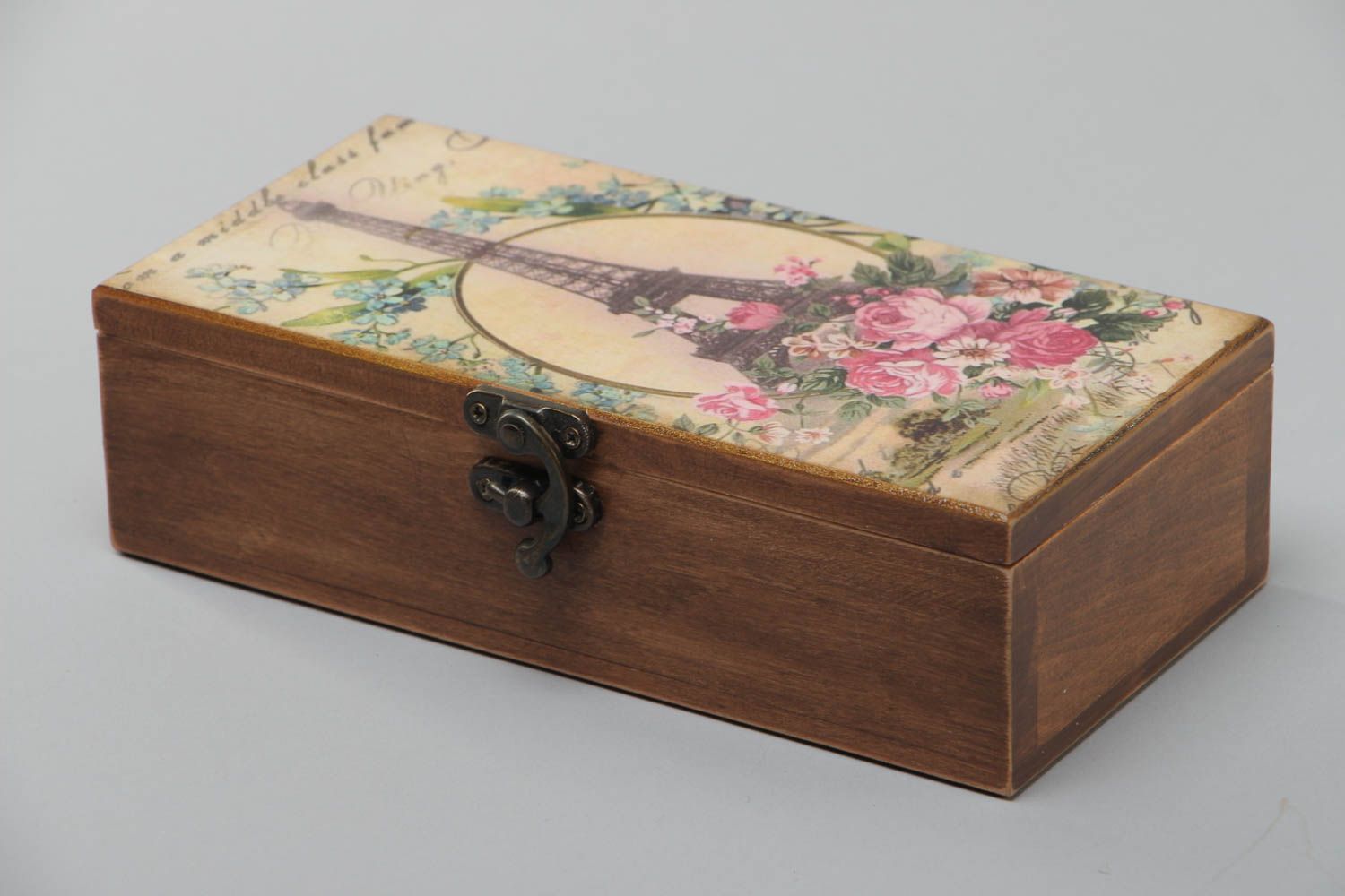 Handmade rectangular varnished wooden jewelry box with retro print on a lid photo 4