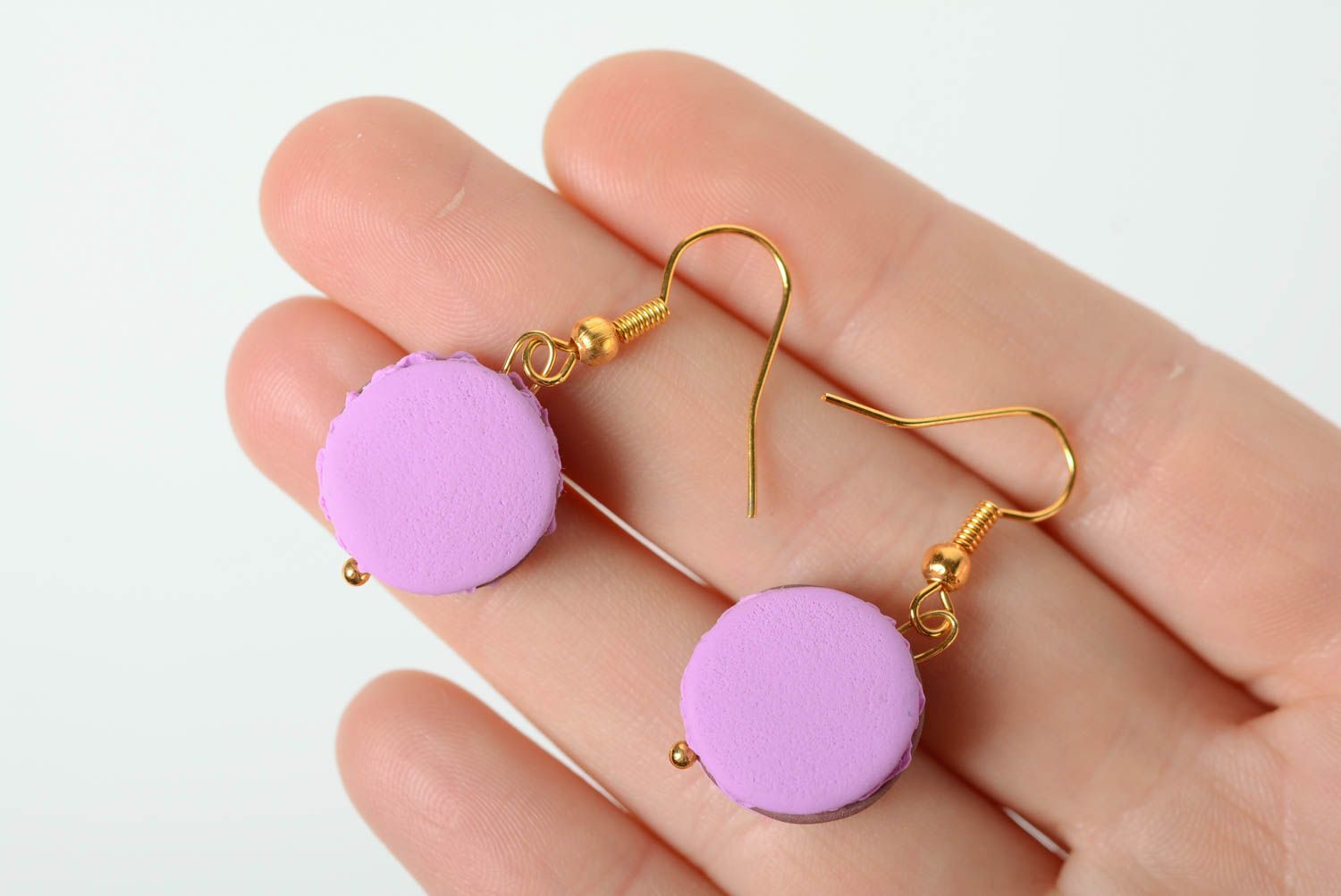 Handmade designer earrings made of polymer clay purple Blueberry Macaroons photo 3