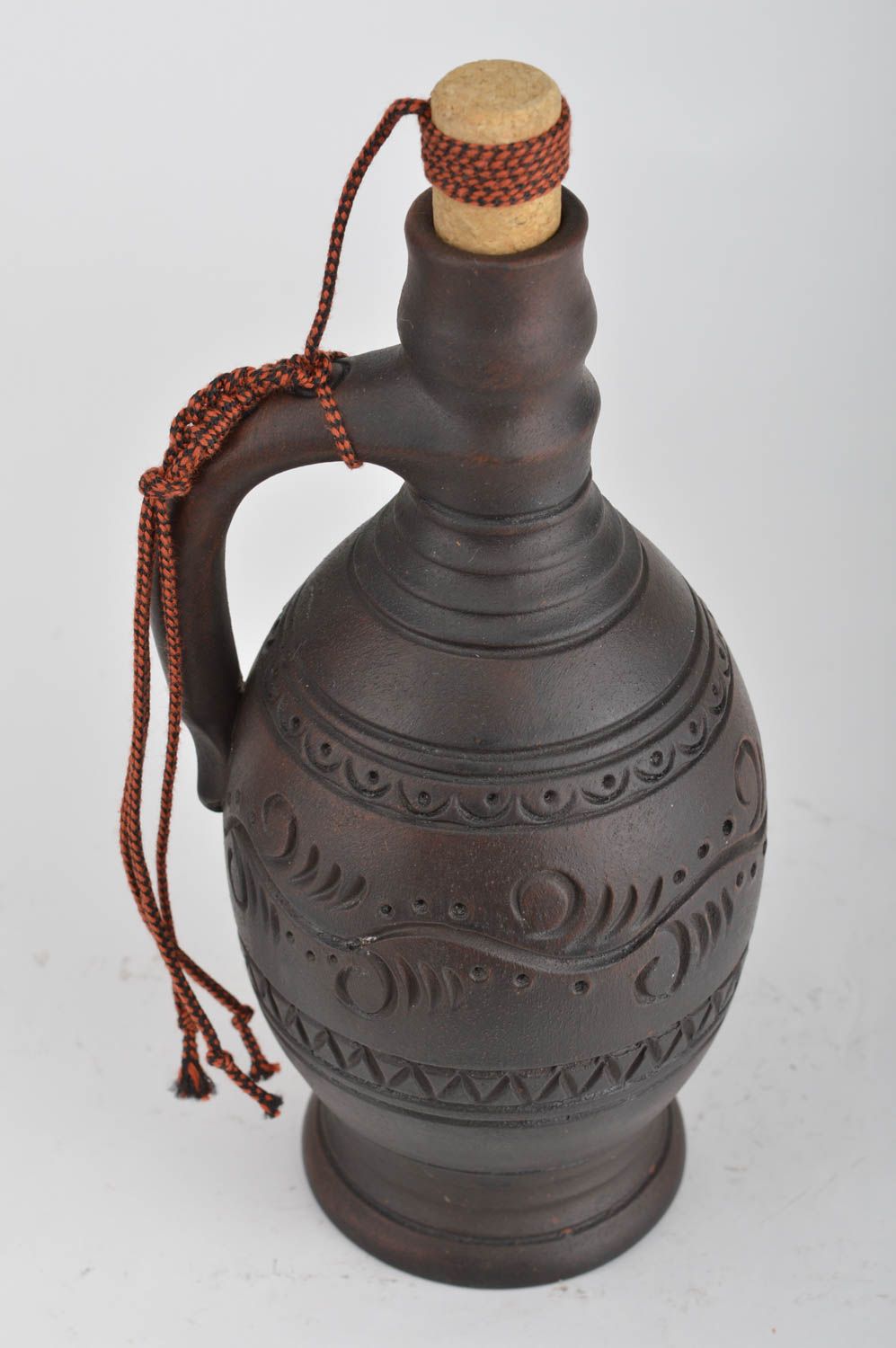 Handmade dark brown ceramic decorative bottle ornamented in ethnic style 700 ml photo 5
