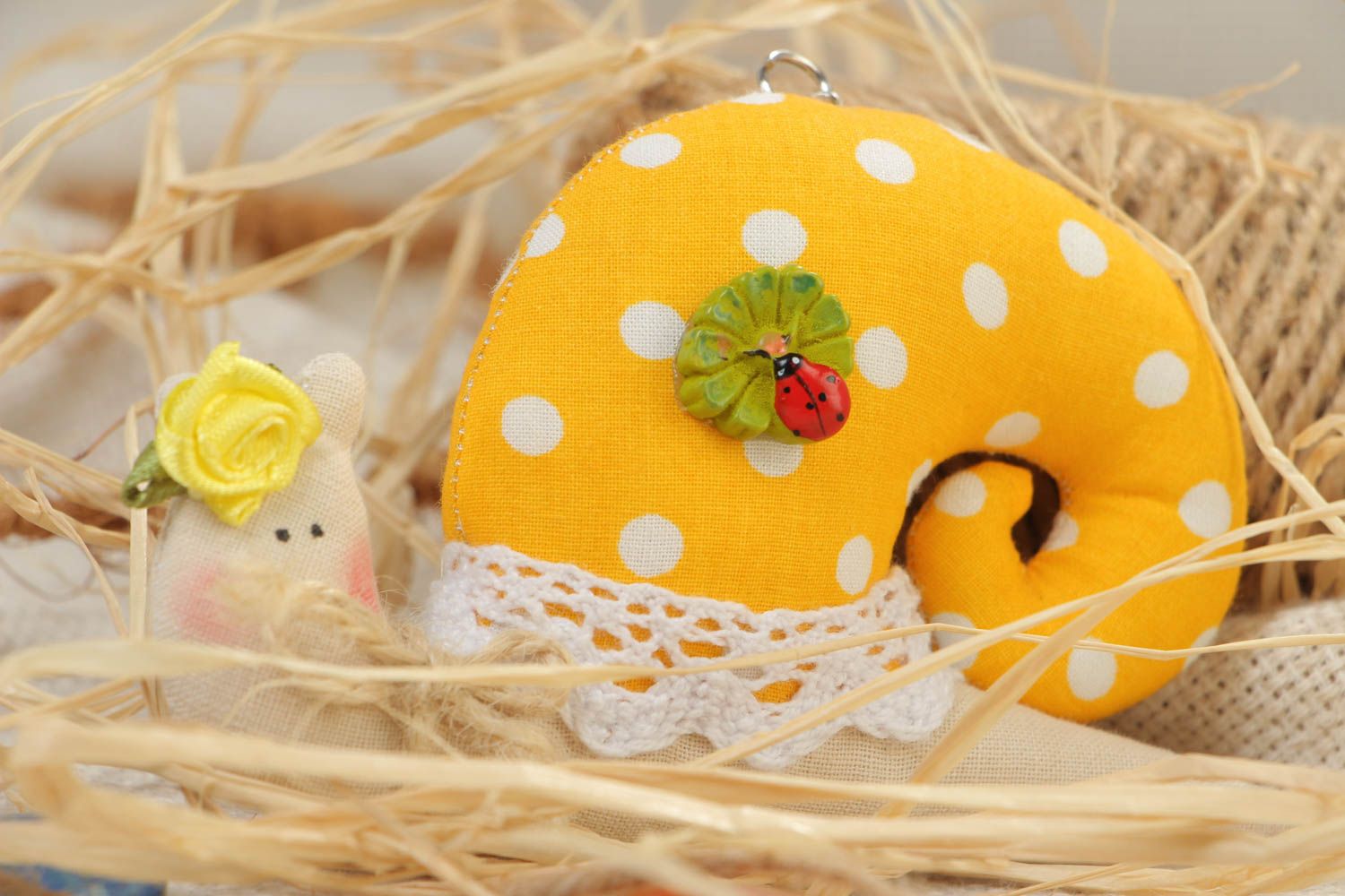 Soft fabric toy keychain handmade yellow snail with lace good present for children photo 1