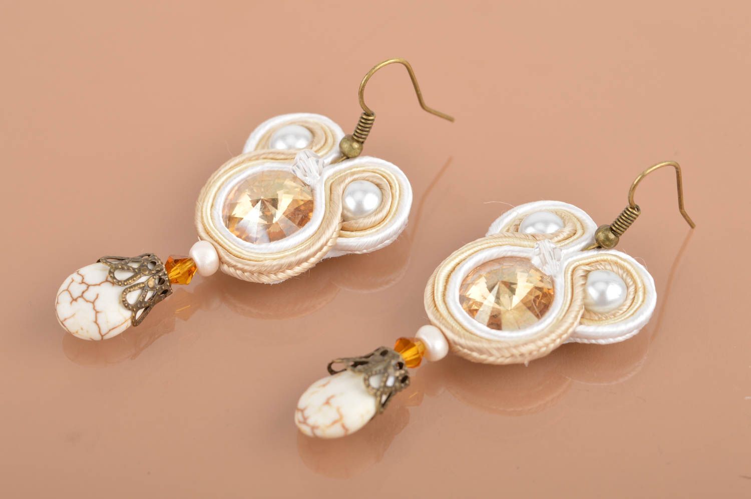 Beautiful beige handmade designer long soutache earrings with beads for women photo 2