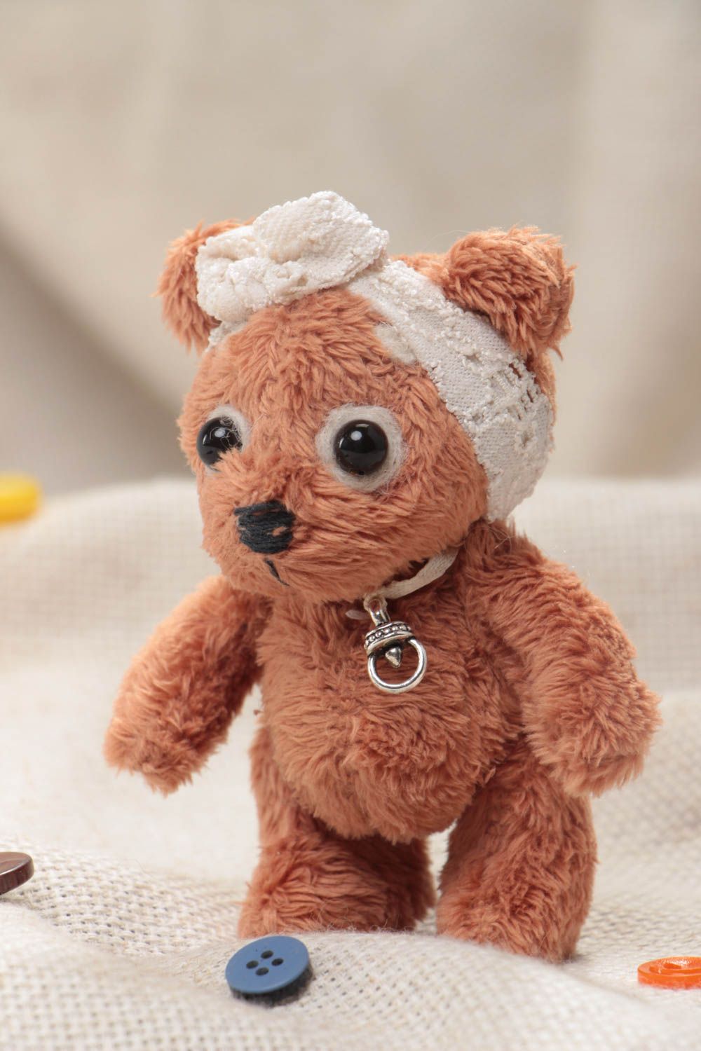 Handmade designer soft toy sewn of faux fur decorated with lace Bear for kids photo 1