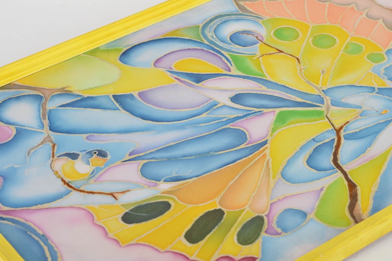 Картина в технике холодный батик тканевая ручной работы авторская Зимние птицы фото 5
