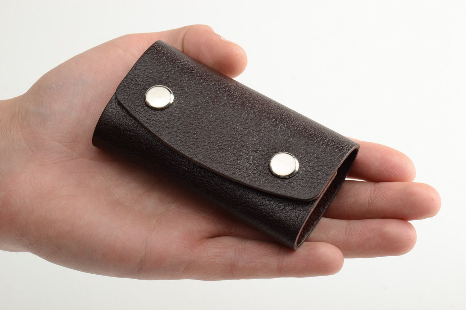 Handmade laconic dark brown genuine leather key case with metal studs  photo 5