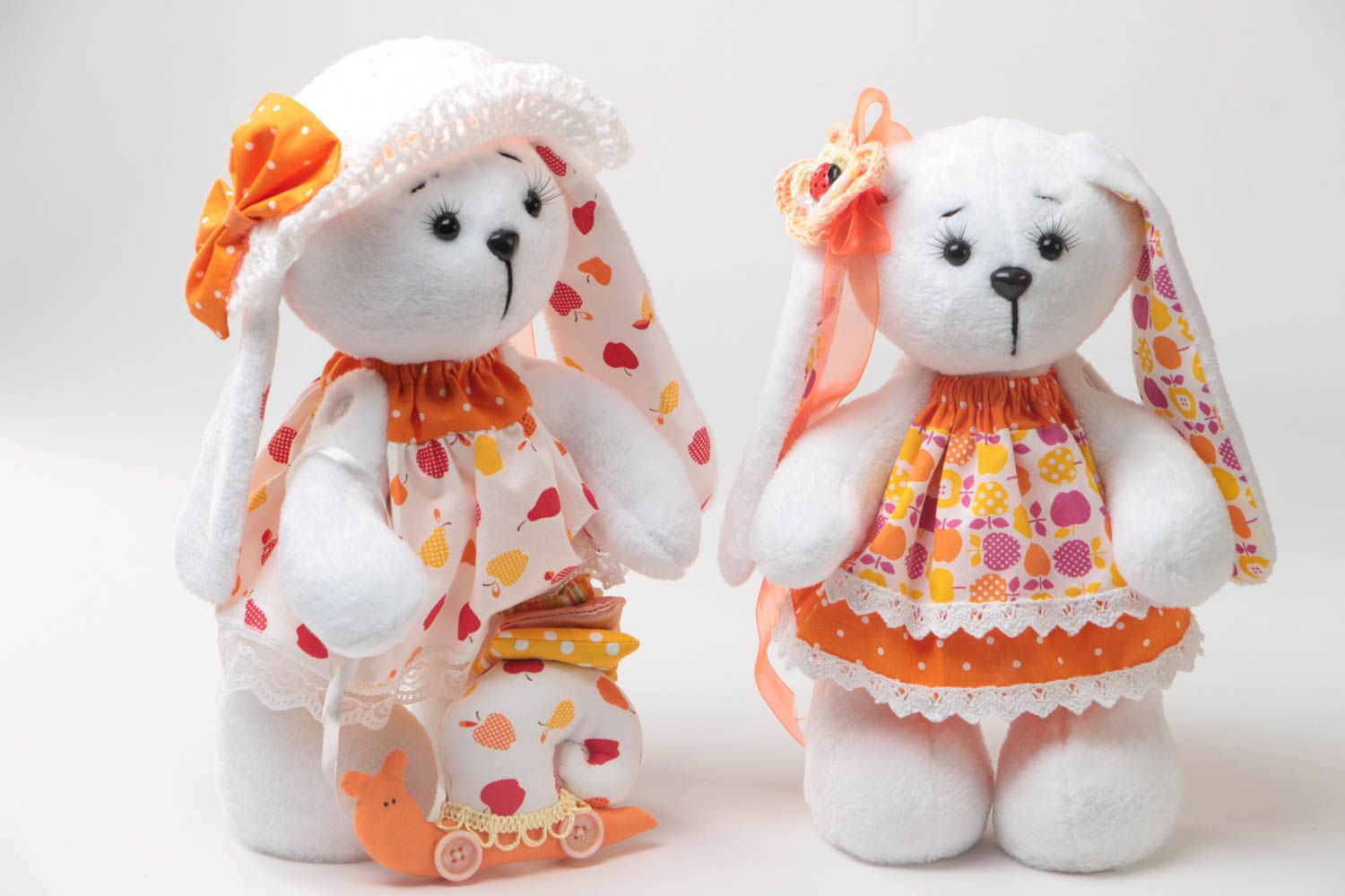 Set of handmade children's fabric soft toys 2 pieces Hares in Dresses photo 2