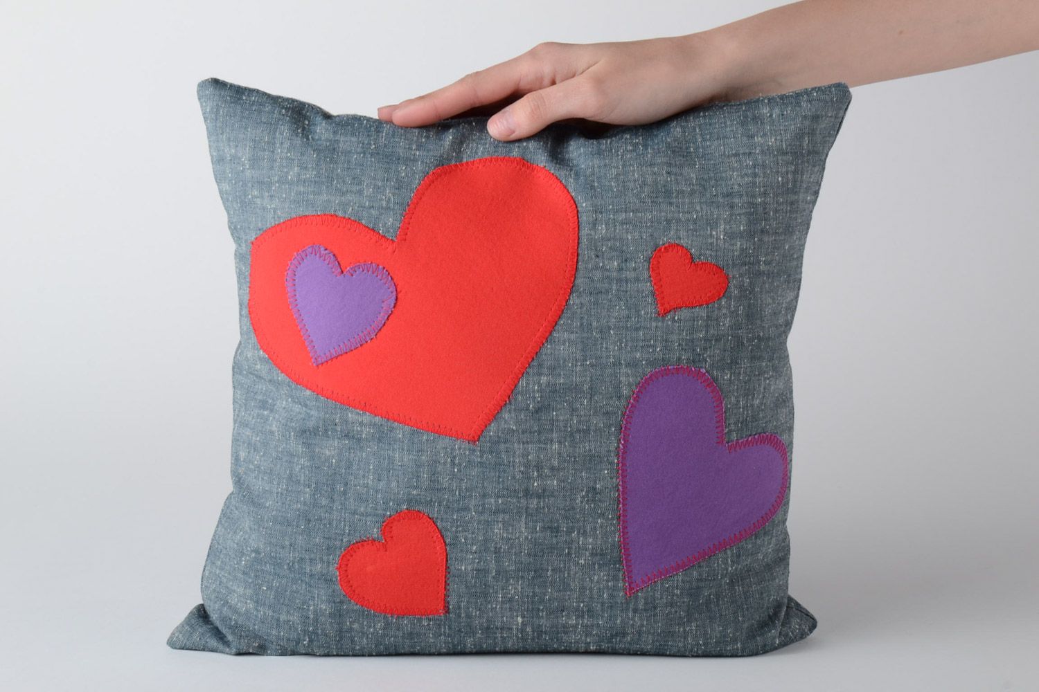 Handmade designer grey interior cushion with hearts for living room or bedroom  photo 5