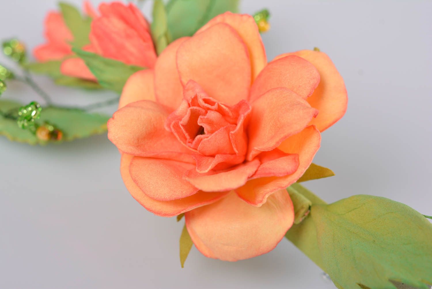 Orange rose made of foamiran hair barrette handmade elegant stylish hair jewelry photo 4