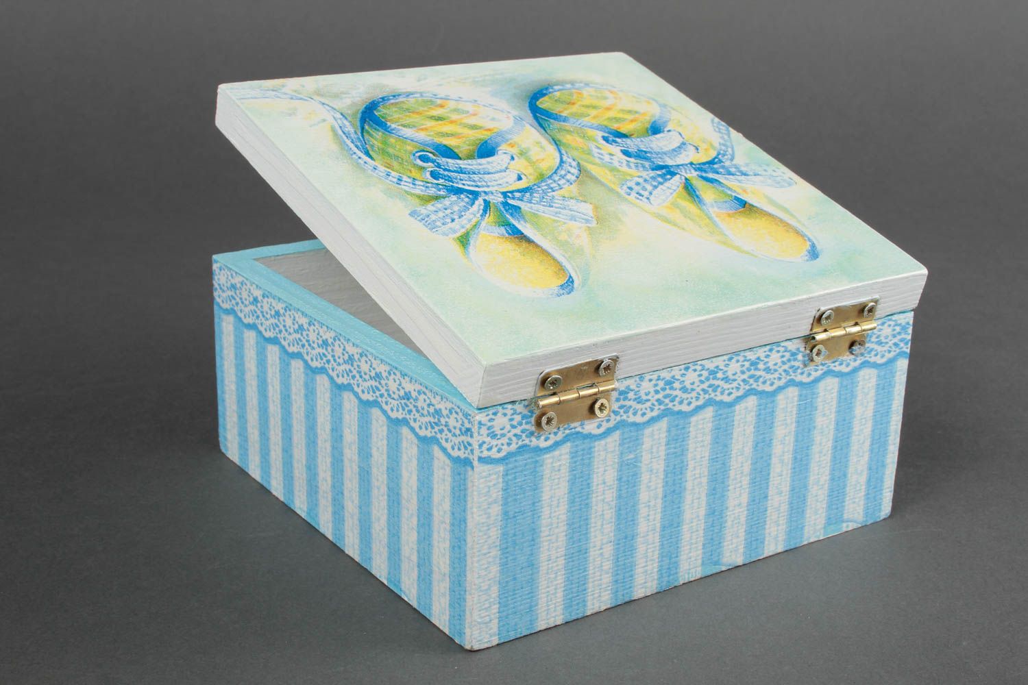 Coffret à bijoux fait main Boîte à bijoux en bois carrée bleu-blanc Cadeau femme photo 3