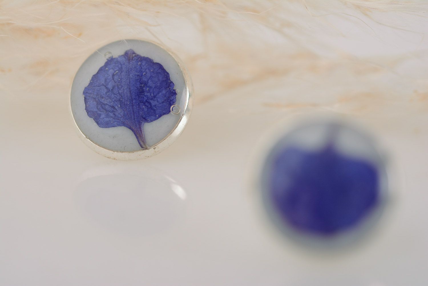 Tender small round stud earrings with blue petals in epoxy resin homemade  photo 4