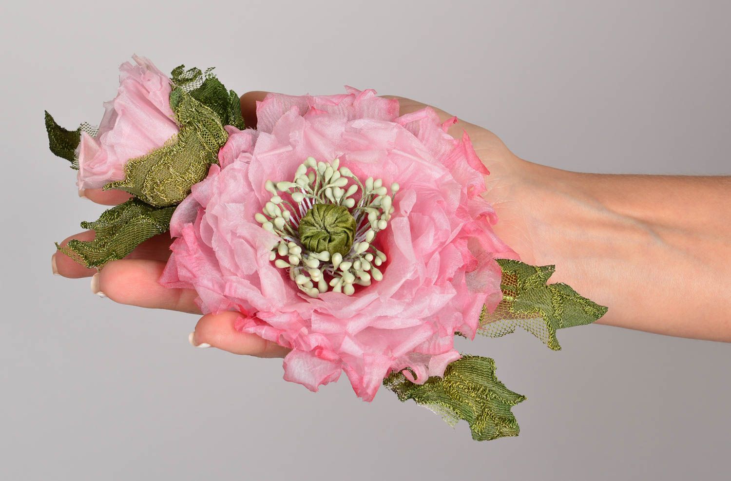 Barrette cheveux Broche fleur rose fait main Accessoire femme universel photo 5