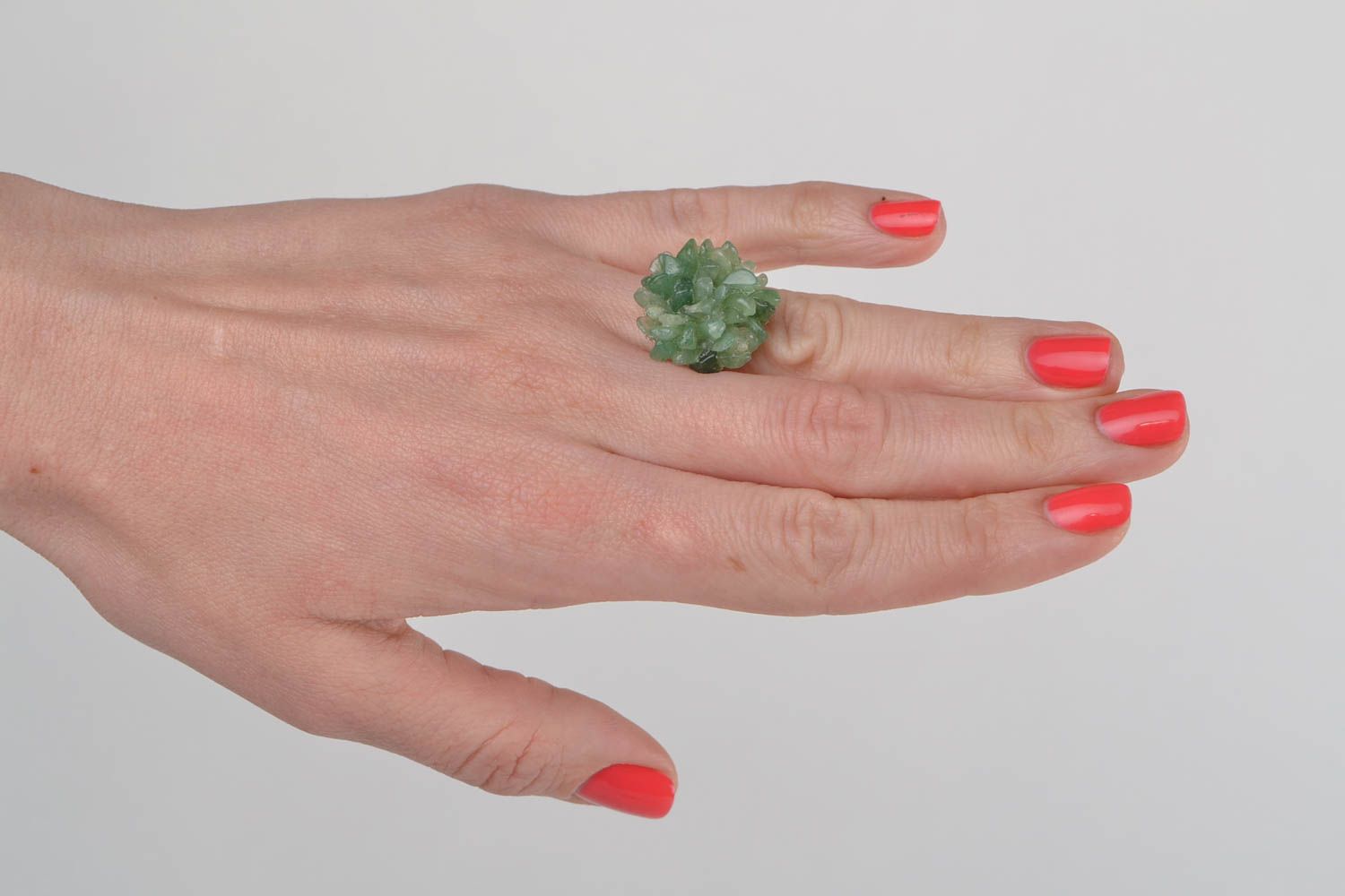 Beautiful women's handmade green ring with natural nephrite stone photo 1